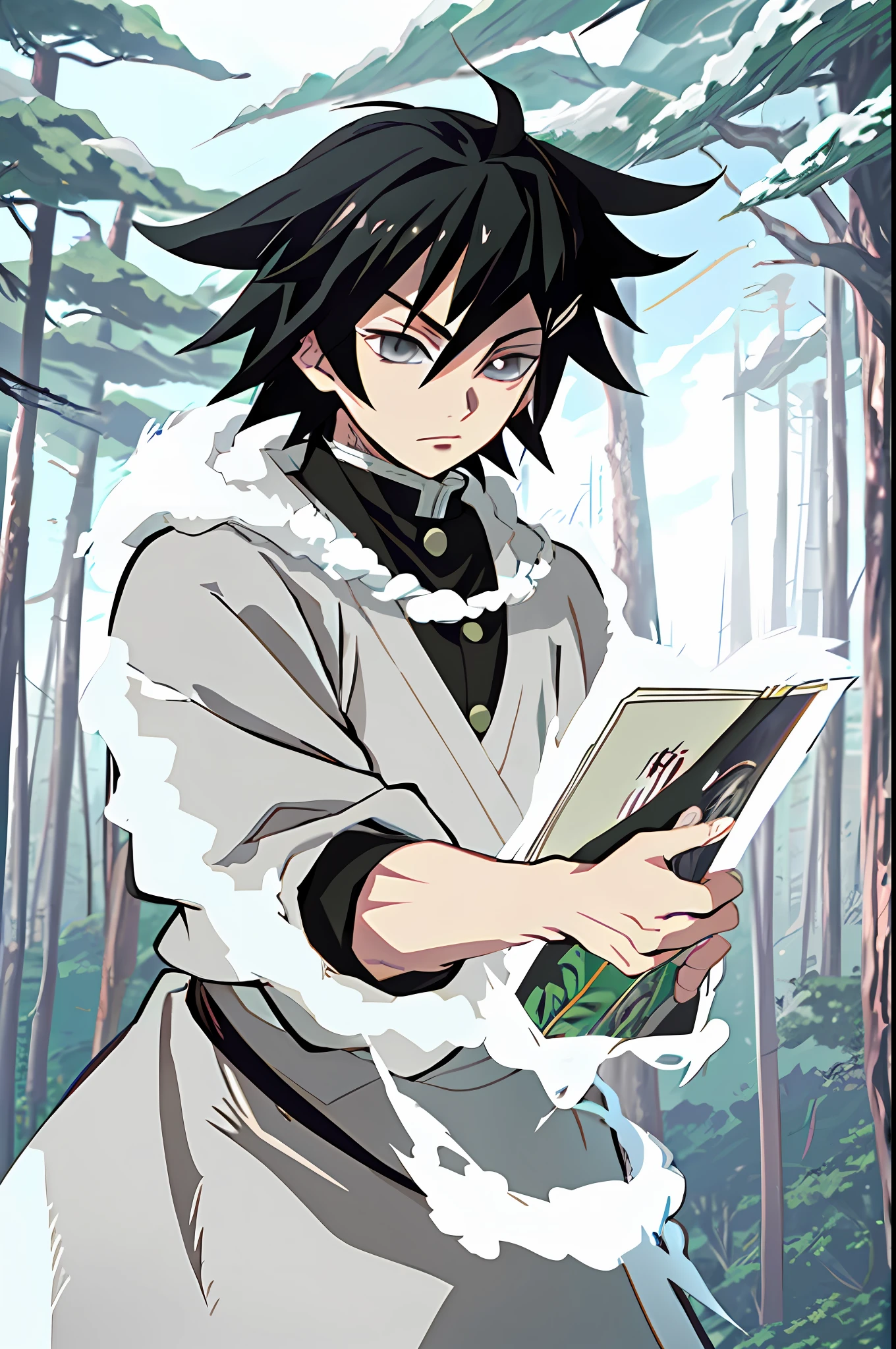 (Manga style, Demon Slayer, demon hunter, grey eyes), in the forest, (black clothing), manga style.