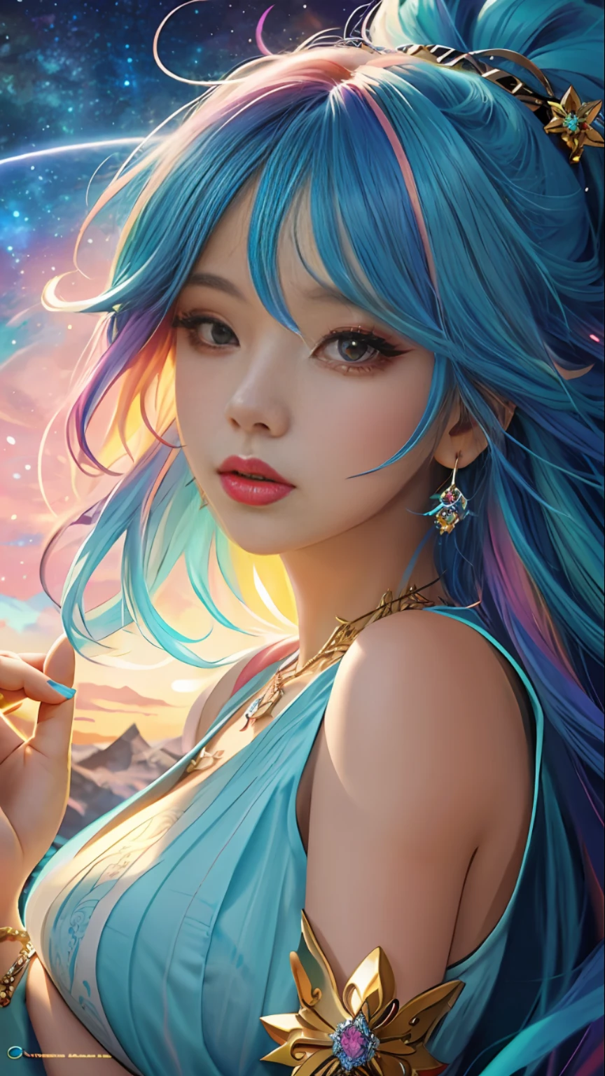 Close-up of a woman with colorful hair and necklace, anime girl with cosmic hair, Rossdraws' soft vitality, Guvez style artwork, fantasy art style, colorful]", vibrant fantasy style, Rossdraws cartoon full of vitality, cosmic and colorful, Guweiz, colorful digital fantasy art, stunning art style, beautiful anime style, full body lighting, skin brightening, sexy expression