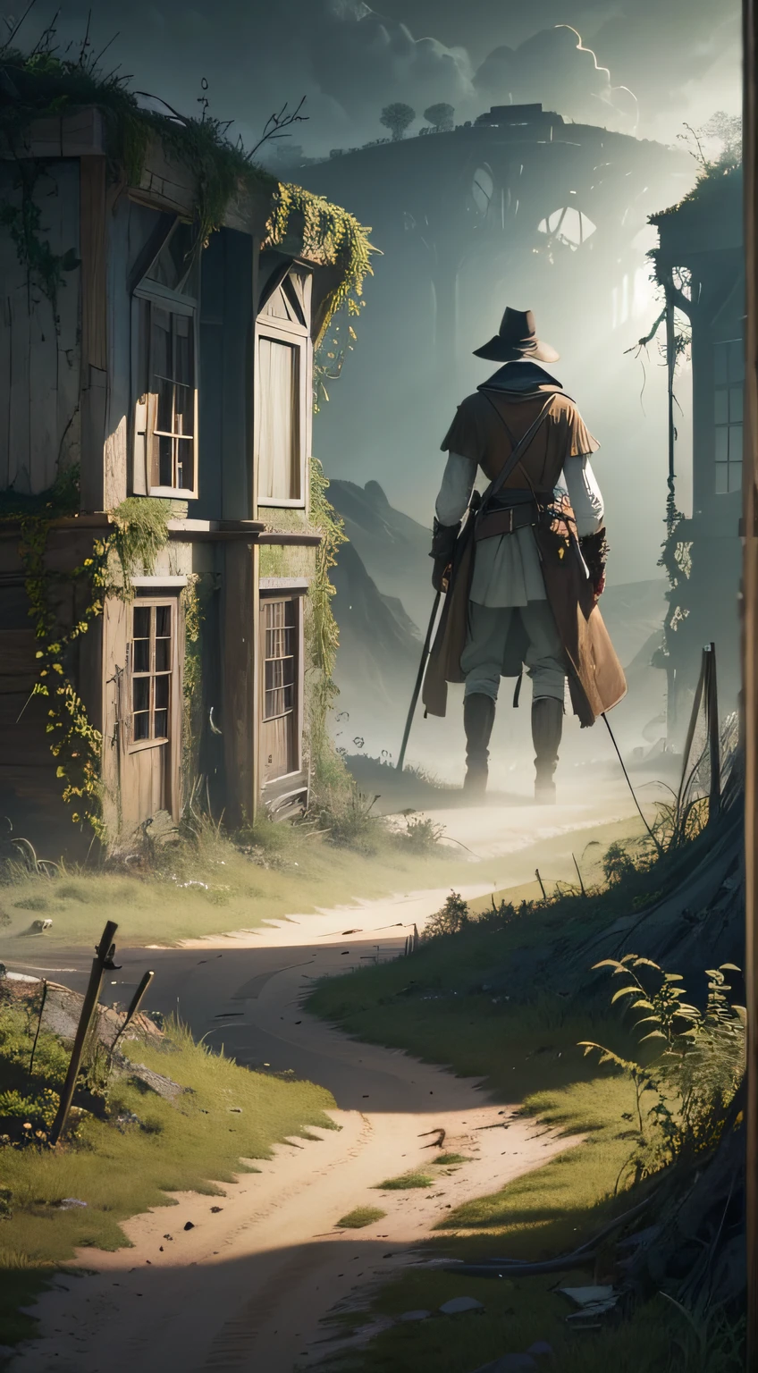 ((best quality), (masterpiece), (detailed)) as the English colonist returns to the island of Roanoke, a perplexing silence fills the air, accompanied by an overwhelming sense of abandonment. The scene is captured in the style of John White, showcasing the realism movement. The composition depicts the colonist standing amidst the desolate landscape, with a somber expression on his face. The details are meticulously rendered, capturing the rugged terrain, overgrown vegetation, and the dilapidated remnants of the settlement. The lighting emphasizes the eerie atmosphere, casting long shadows and adding a sense of mystery. The colors are subdued, reflecting the somber mood of the scene. The camera angle used to capture this moment is a low-angle shot, emphasizing the vastness of the abandoned island and evoking a feeling of isolation.