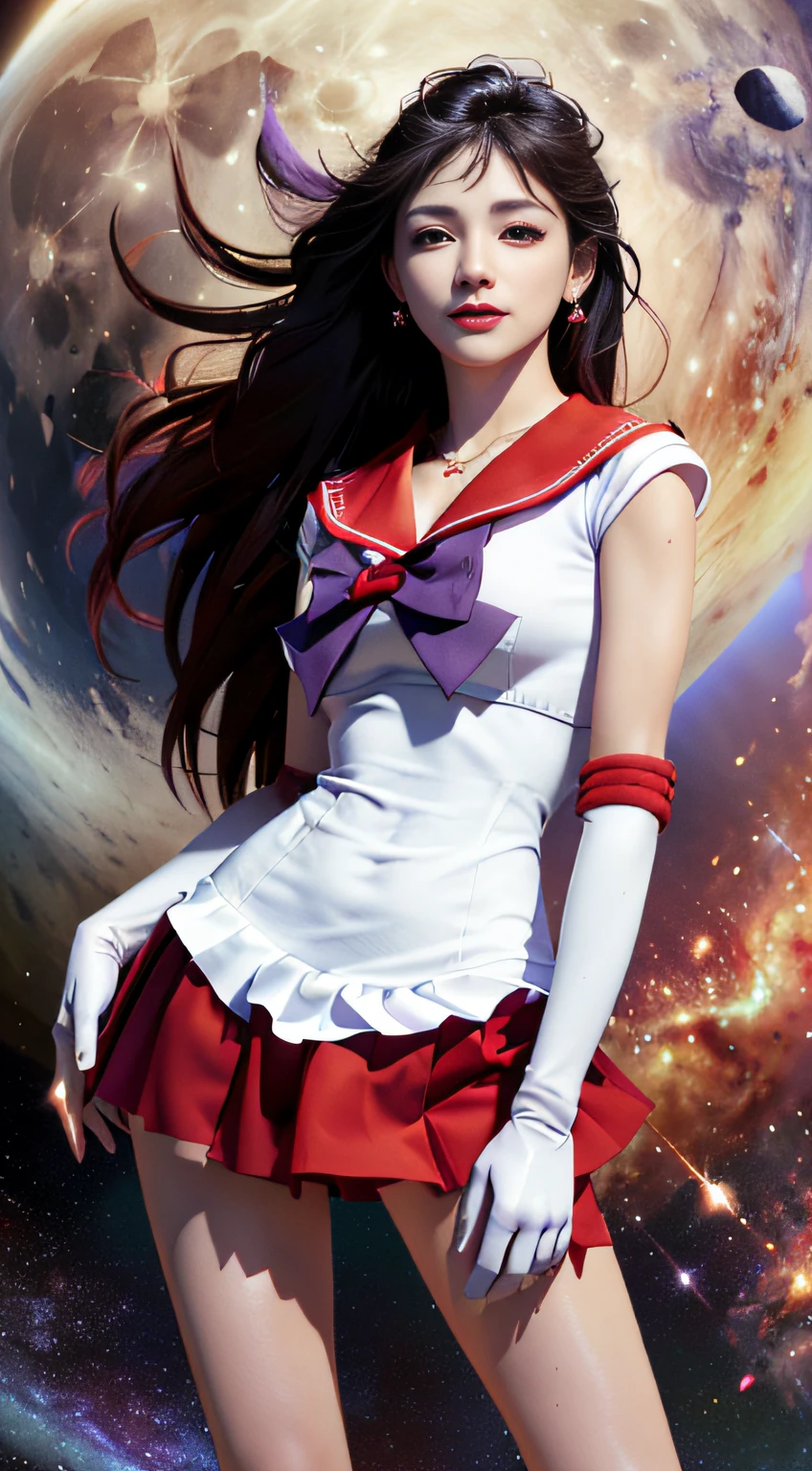 ((HD Realistic, SAMA1 Level)), Extreme Realistic, Masterpiece, Best Quality, High Resolution, SAMA1, Headwear, Sailor Sensi Uniform with Medium Chest, White Gloves, Red Sailor Collar, Red Skirt, Star Necklace, Elbow Gloves, Pleated Skirt, Bare Legs, Purple Bow, Standing, Space, Moon, Charming Smile, Stunning Beauty, Full Body Photo