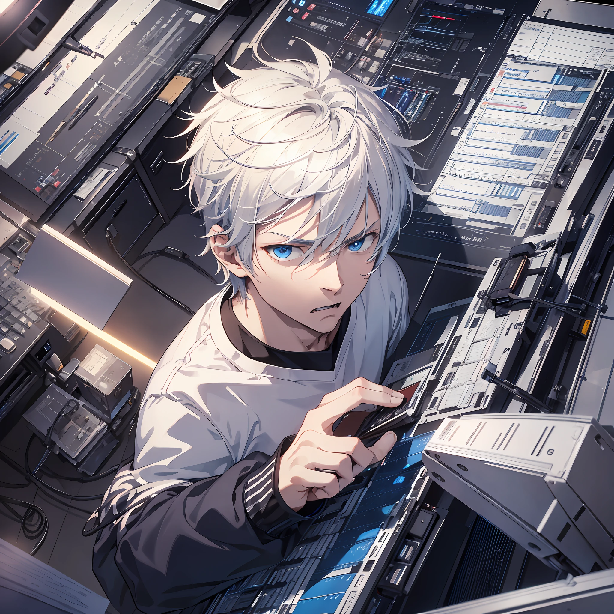 A man, short white hair, blue eyes, writing songs, angry, angry, crazy, recording studio,
(masterpiece:1.2), best quality, masterpiece, highres, original, extremely detailed wallpaper, perfect lighting,(extremely detailed CG:1.2),