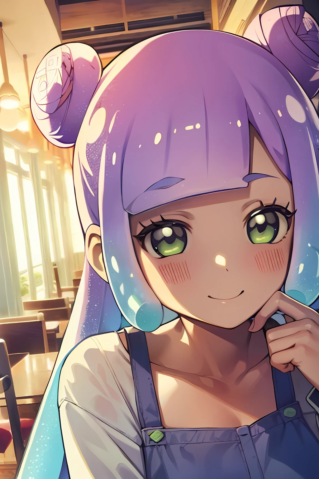 masterpiece, best_quality, 1girl, solo, puniru \(puniru wa kawaii slime\), puniru wa kawaii slime, gradient hair, bangs, green eyes,((double bun)), in a restaurant