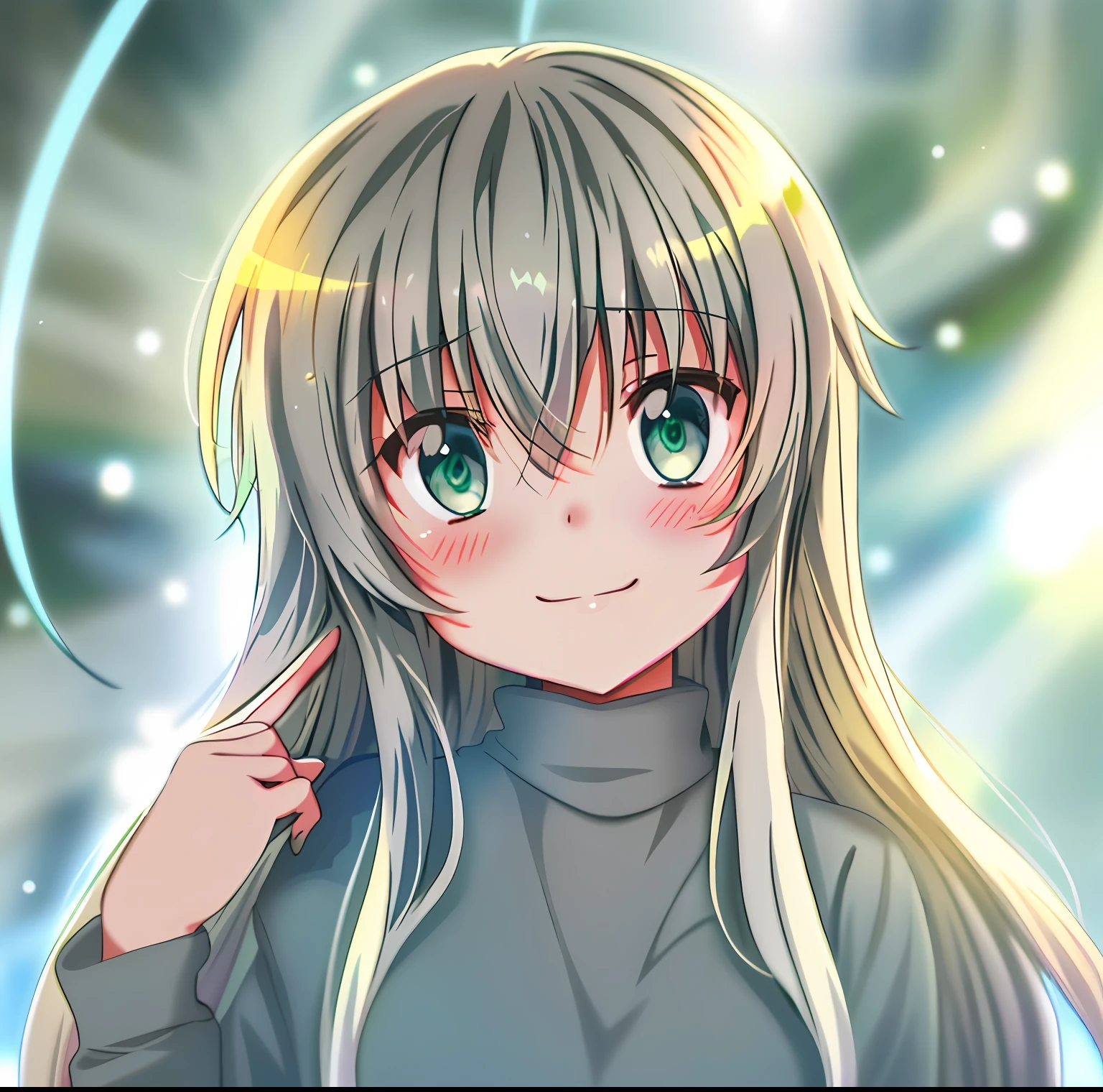 a close up of a person with long hair and green eyes, nyaruko-san, female anime character, as an anime character, anime girl named lucy, anime character, anime best girl, senko-san, grinning lasciviously, gray haired, cute natural anime face, she has a cute expressive face, ueshiba riichi, an anime girl