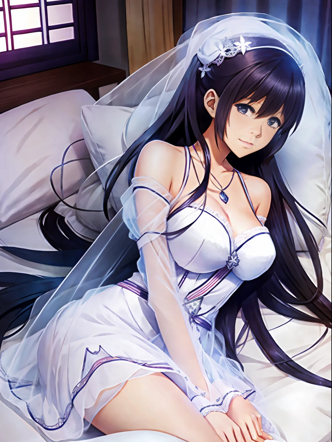 a woman in a white dress laying on a bed with a pillow, light novel cover art, doujin, anime cover, japanese shoujo manga, oppai, epic light novel art cover, manga cover, manga front cover, epic light novel cover art, seductive anime girl, full color manga cover, manga cover art, ecchi, shoujo manga, cover manga --auto --s2