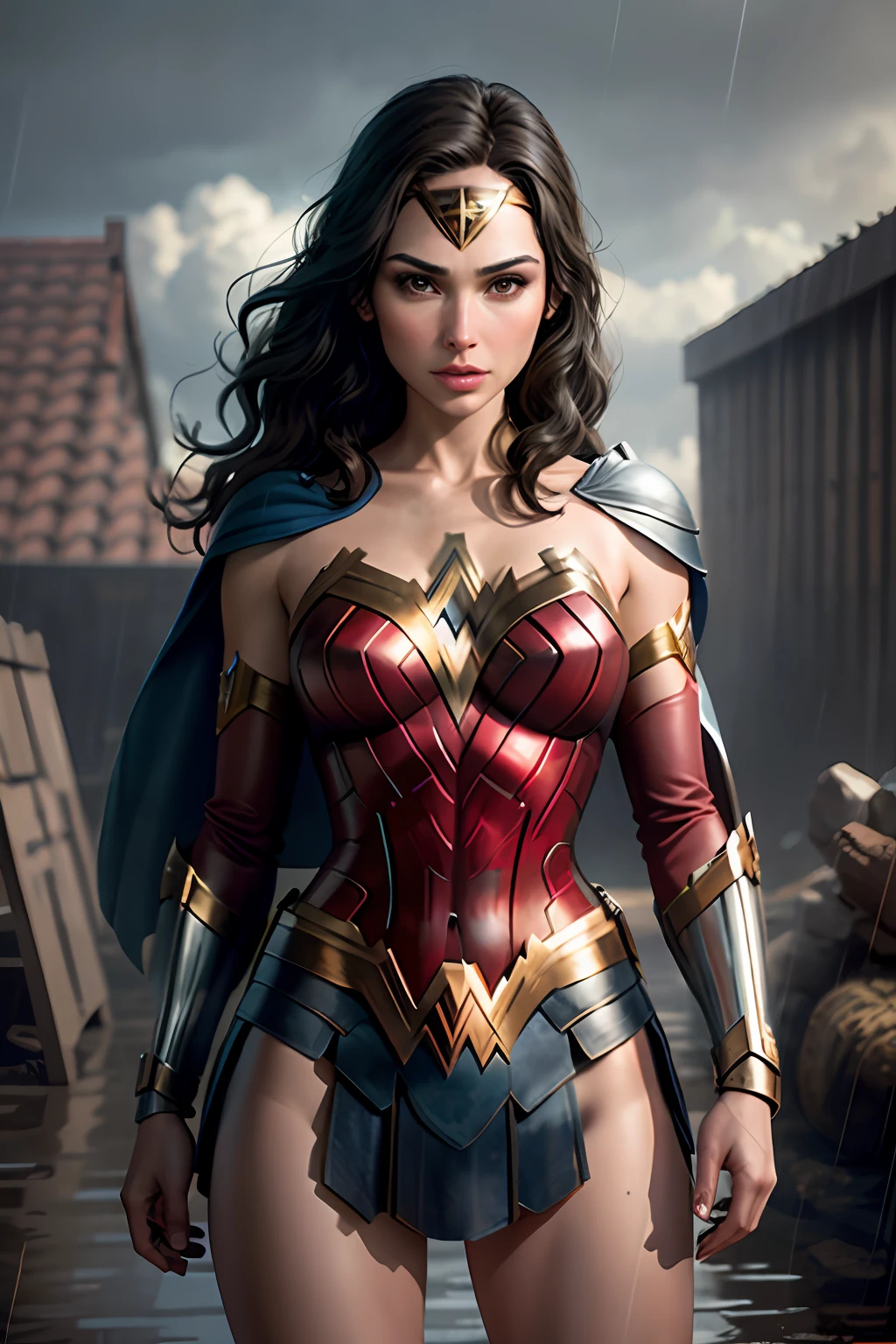 Actress Gal Gadot, wonder woman outfit, short and uncut hair, blonde, beautiful face, rain, roof, masterpiece, intricate details, perfect anatomy