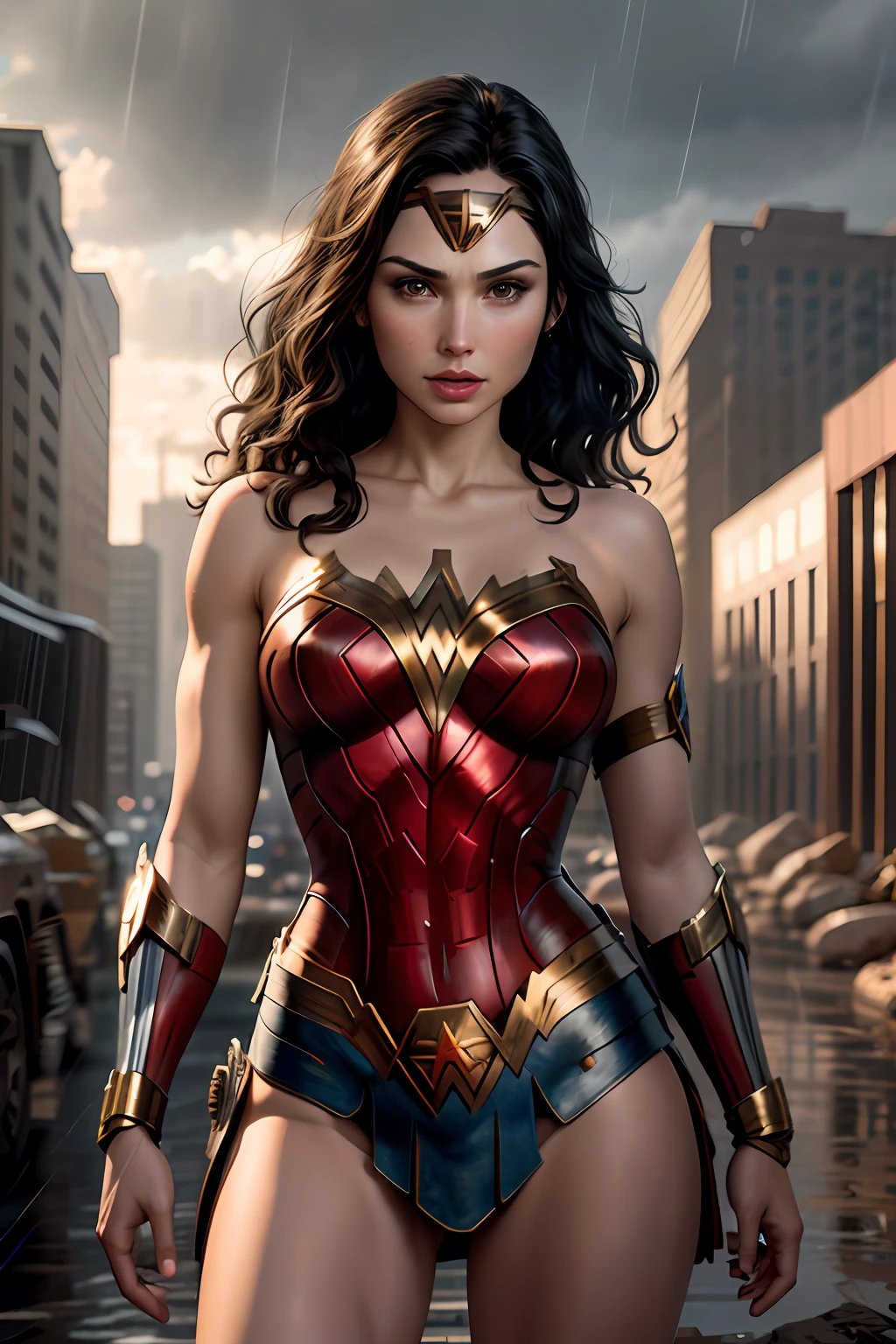 Actress Gal Gadot, wonder woman outfit, short and uncut hair, blonde, beautiful face, rain, roof, masterpiece, intricate details, perfect anatomy