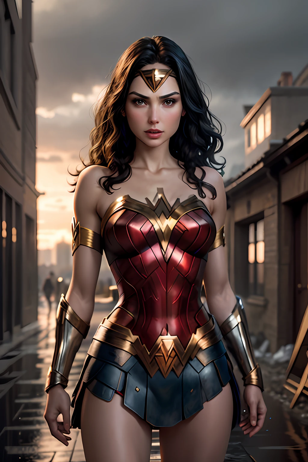 Actress Gal Gadot, wonder woman outfit, short and uncut hair, blonde, beautiful face, rain, roof, masterpiece, intricate details, perfect anatomy