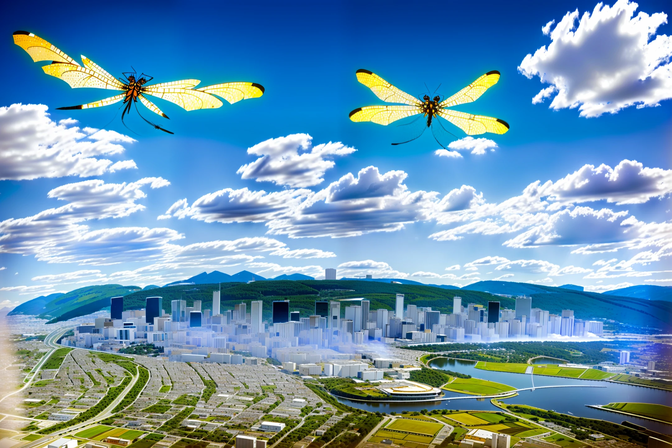A dragon flies over the city