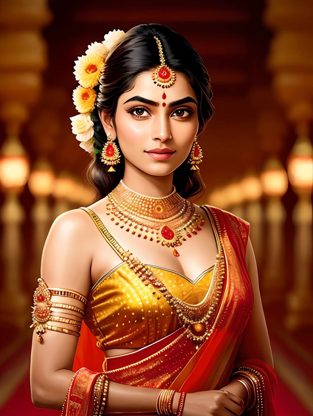 An extremely beautiful Indian young woman, wearing a rich Indian clothing and rich jewelry, in a golden Indian temple, pixar artstyle, emotional eyes, enigmatic smile, cinematic rim light, very feminine figure, dynamic juxtaposition, young beautiful woman, very high quality face, exploitable image, face neck shoulders, beautiful very feminine woman, stylized dynamic folds, serene woman, Pixar artstyle