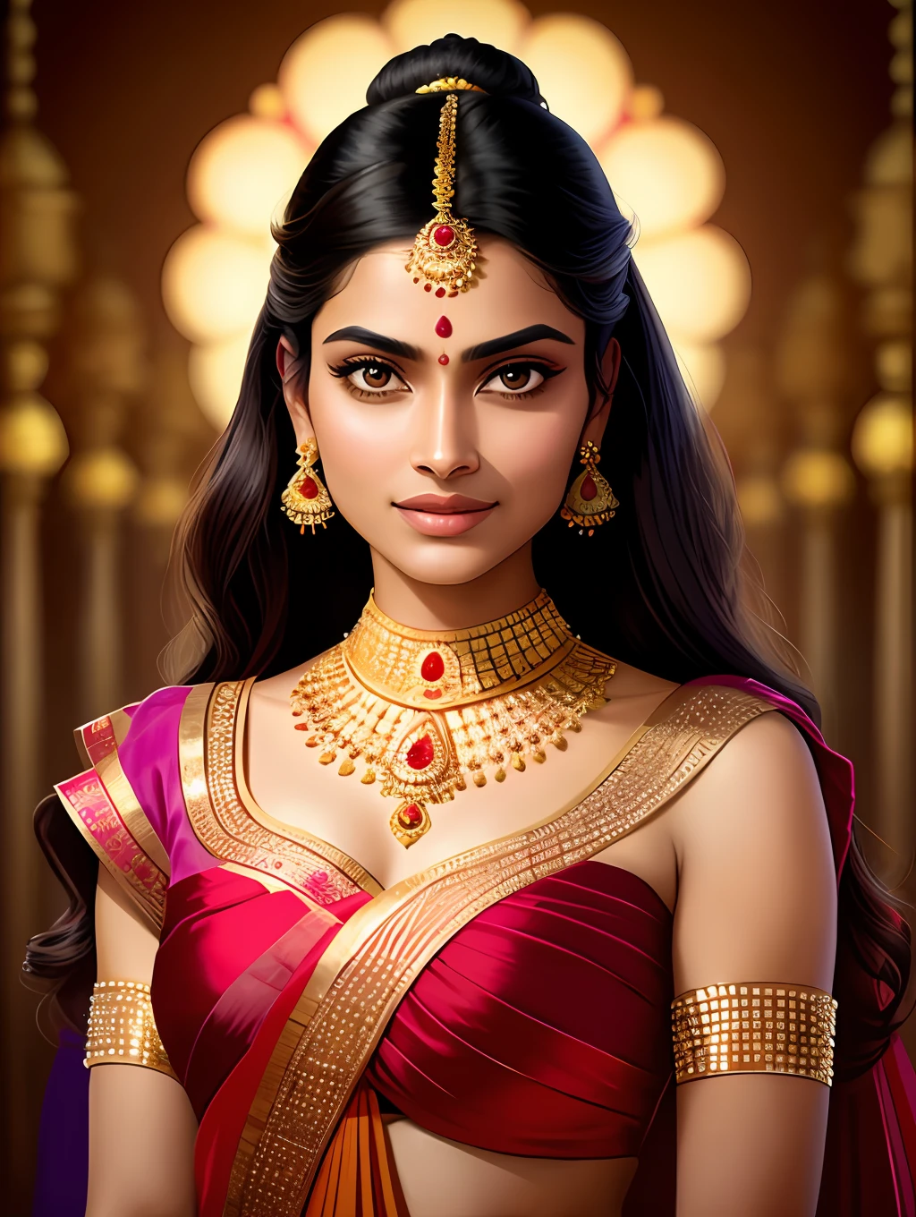 An extremely beautiful Indian young woman, wearing a rich Indian clothing and rich jewelry, in a golden Indian temple, pixar artstyle, emotional eyes, enigmatic smile, cinematic rim light, very feminine figure, dynamic juxtaposition, young beautiful woman, very high quality face, exploitable image, face neck shoulders, beautiful very feminine woman, stylized dynamic folds, serene woman, Pixar artstyle