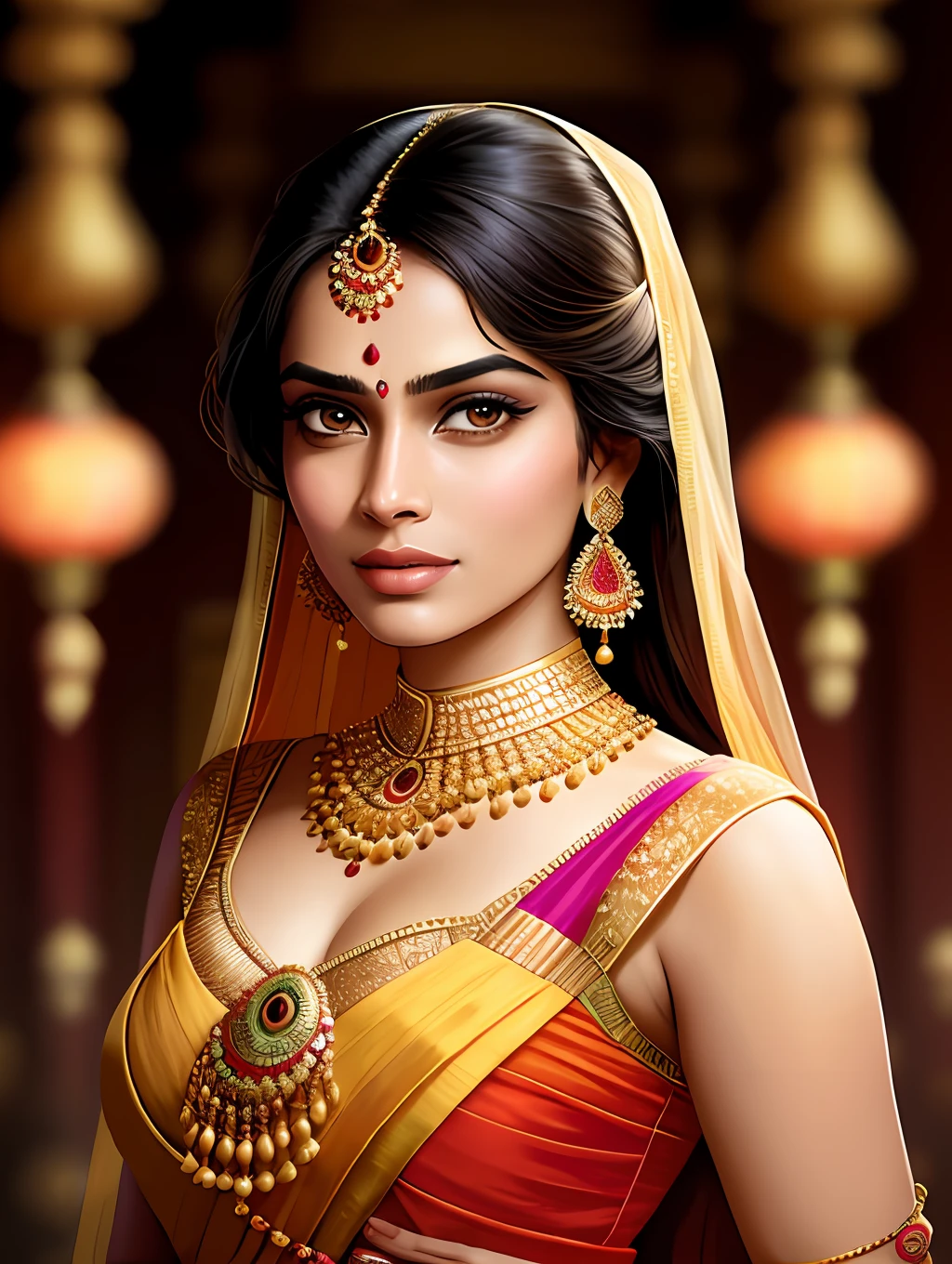 An extremely beautiful Indian young woman, wearing a rich Indian clothing and rich jewelry, in a golden Indian temple, pixar artstyle, emotional eyes, enigmatic smile, cinematic rim light, very feminine figure, dynamic juxtaposition, young beautiful woman, very high quality face, exploitable image, face neck shoulders, beautiful very feminine woman, stylized dynamic folds, serene woman, Pixar artstyle