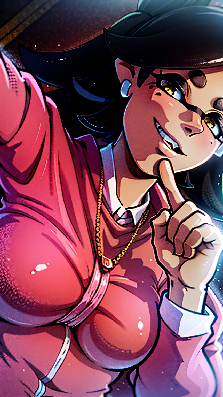 1girl, solo, smile, black_hair, necklace, teeth, jewelry, finger_to_mouth, grin, long_hair, looking_at_viewer, black_eyes, upper_body, lips, open_mouth, long_sleeves, pendant, breasts, shirt, arm_up, fingernails, index_finger_raised, large_breasts, brown_eyes, nose, dark_skinned_girl, dark_skin, tentacle hair, curvy