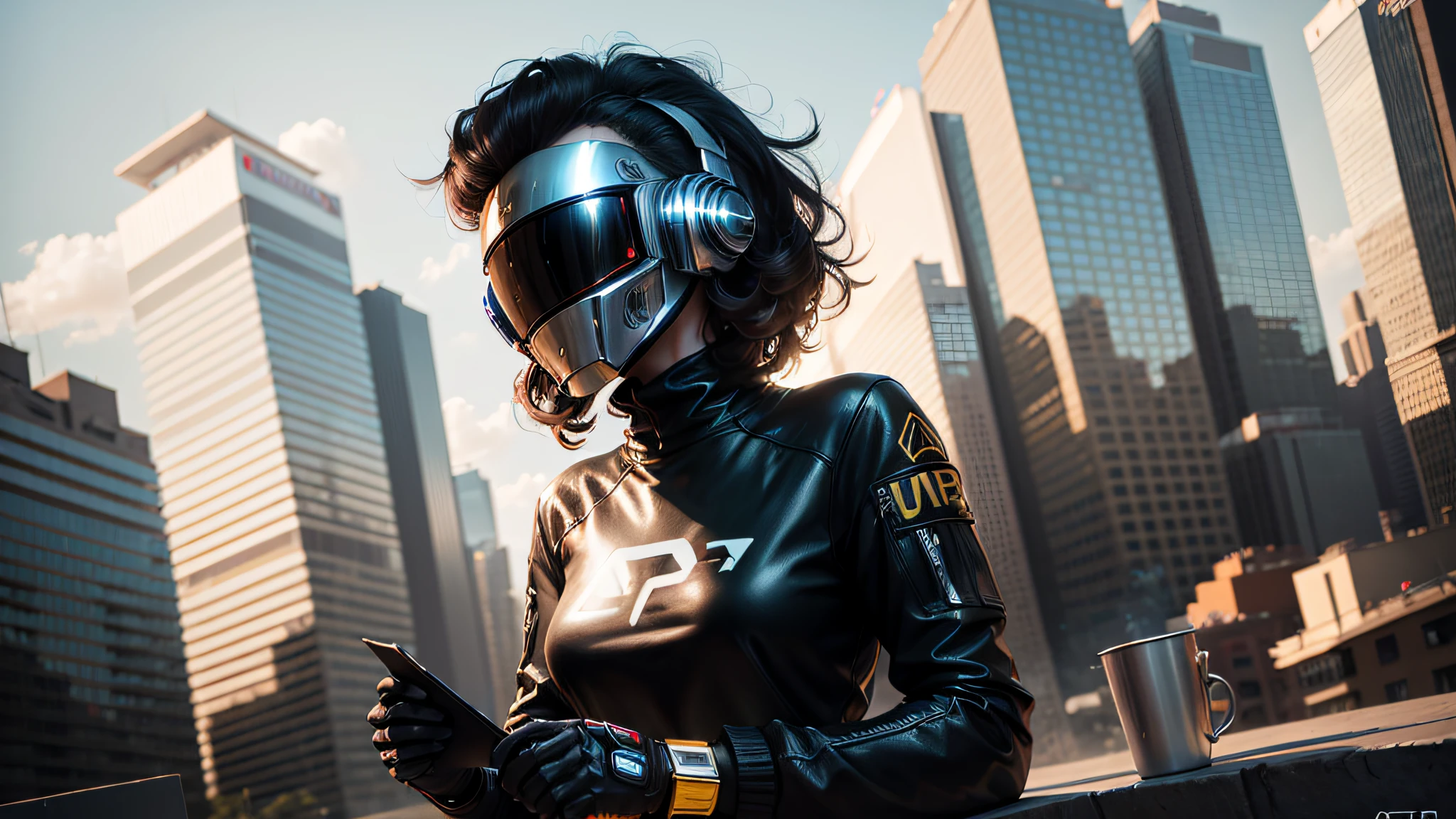 Daft Punk style, high angle photo of a beautiful young woman in the style of stefan kostic, in the city, abs, realistic skin texture, looks up, black sweatshirt, 1/2 body cut, artistic lens of 8 5 mm, f 1. 2, sharp focus, 8K high definition, insanely detailed, intricate, elegant, art by Stanley Lau and Artgerm --auto --s2