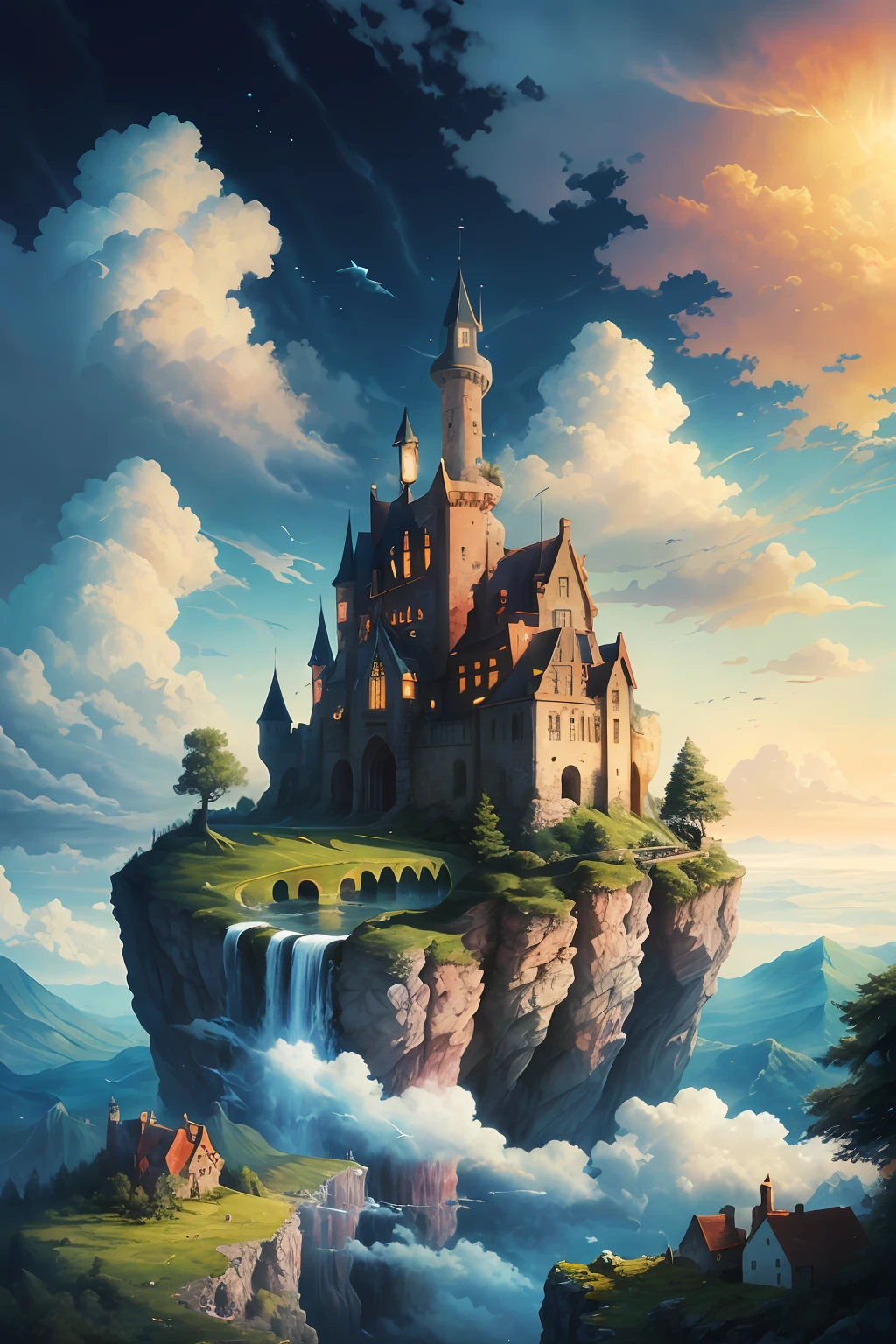 Fantastic art, absurdity, high resolution, masterpiece, best quality, town, castle, forest, sea, sky, clouds