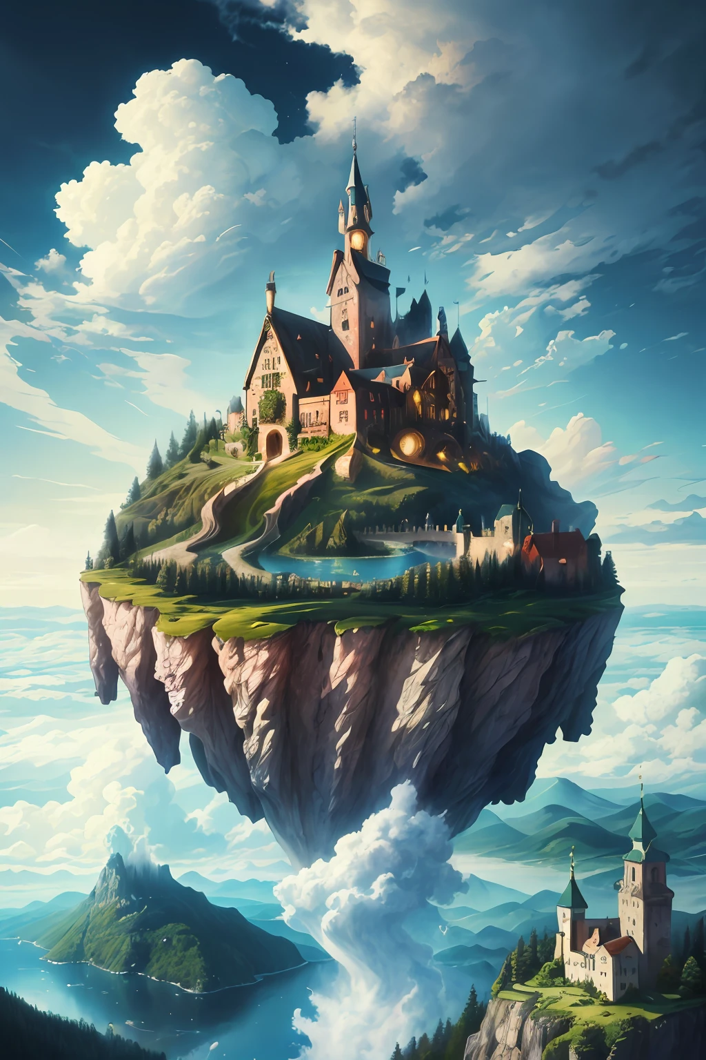 Fantastic art, absurdity, high resolution, masterpiece, best quality, town, castle, forest, sea, sky, clouds