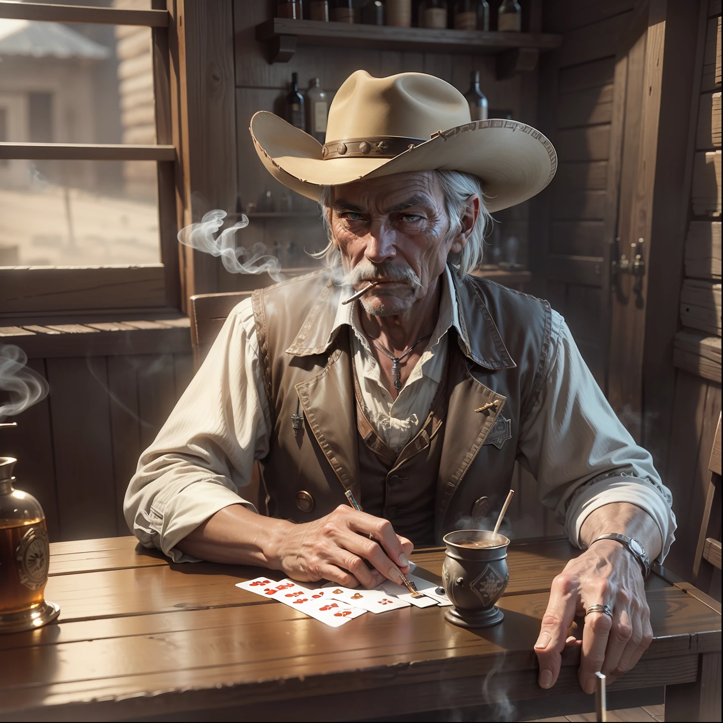 Old and blind cowboy in a saloon in the old west,grey eyes,sitting,smoking,cigarette,drink,piano,revolver,table,playing cards,dust,artwork,3d,4k,detailed,realistic
