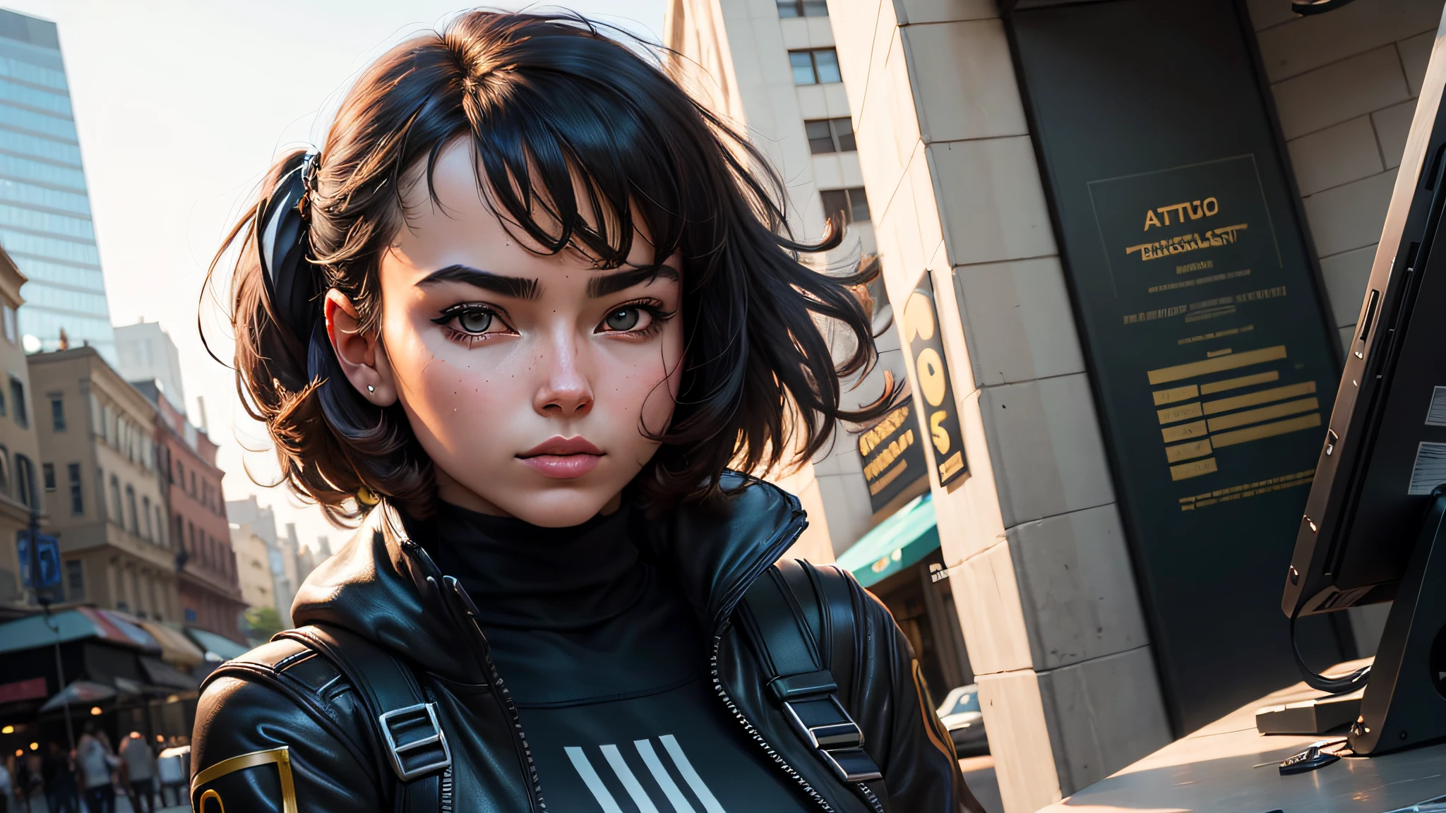 Daft Punk style, high angle photo of a beautiful young woman in the style of stefan kostic, in the city, abs, realistic skin texture, looks up, black sweatshirt, 1/2 body cut, artistic lens of 8 5 mm, f 1. 2, sharp focus, 8K high definition, insanely detailed, intricate, elegant, art by Stanley Lau and Artgerm --auto --s2