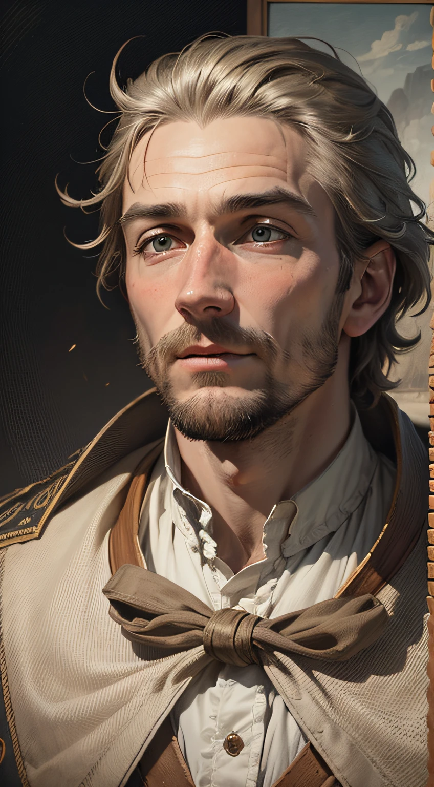 ((best quality), (masterpiece), (detailed)), A portrait of the fearless English explorer John White happy, with an expression of happiness, in the style of John White, showing the realistic movement. The composition captures White's confident demeanor and adventurous spirit. His rough features are meticulously rendered, highlighting the intensity in his eyes and the determination in his face. The lighting accentuates the play of shadows and highlights, adding depth and dimension to the portrait. The background could depict a subtle landscape that suggested the vast uncharted territories White ventured into. The overall atmosphere is one of authenticity and meticulous attention to detail, reminiscent of John White's artistic style. The camera angle for this photo would be a slightly tilted three-quarter view, capturing White's profile and emphasizing his strong presence.