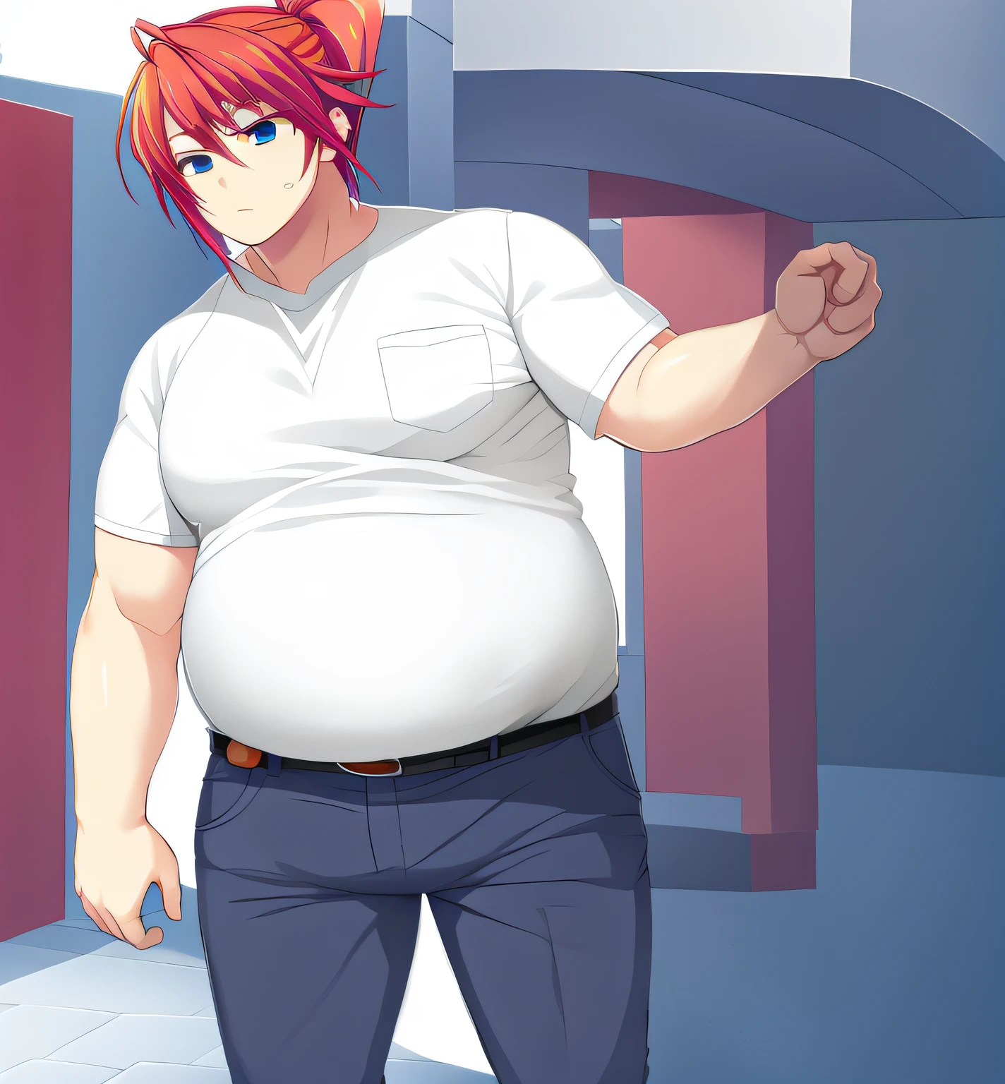 a man with a big belly and a white shirt, wearing pants and a belt, inasekohane_tk face, inasekohane_tk, long hair, ponytail, red hair, side ponytail, blue eyes, beer_belly