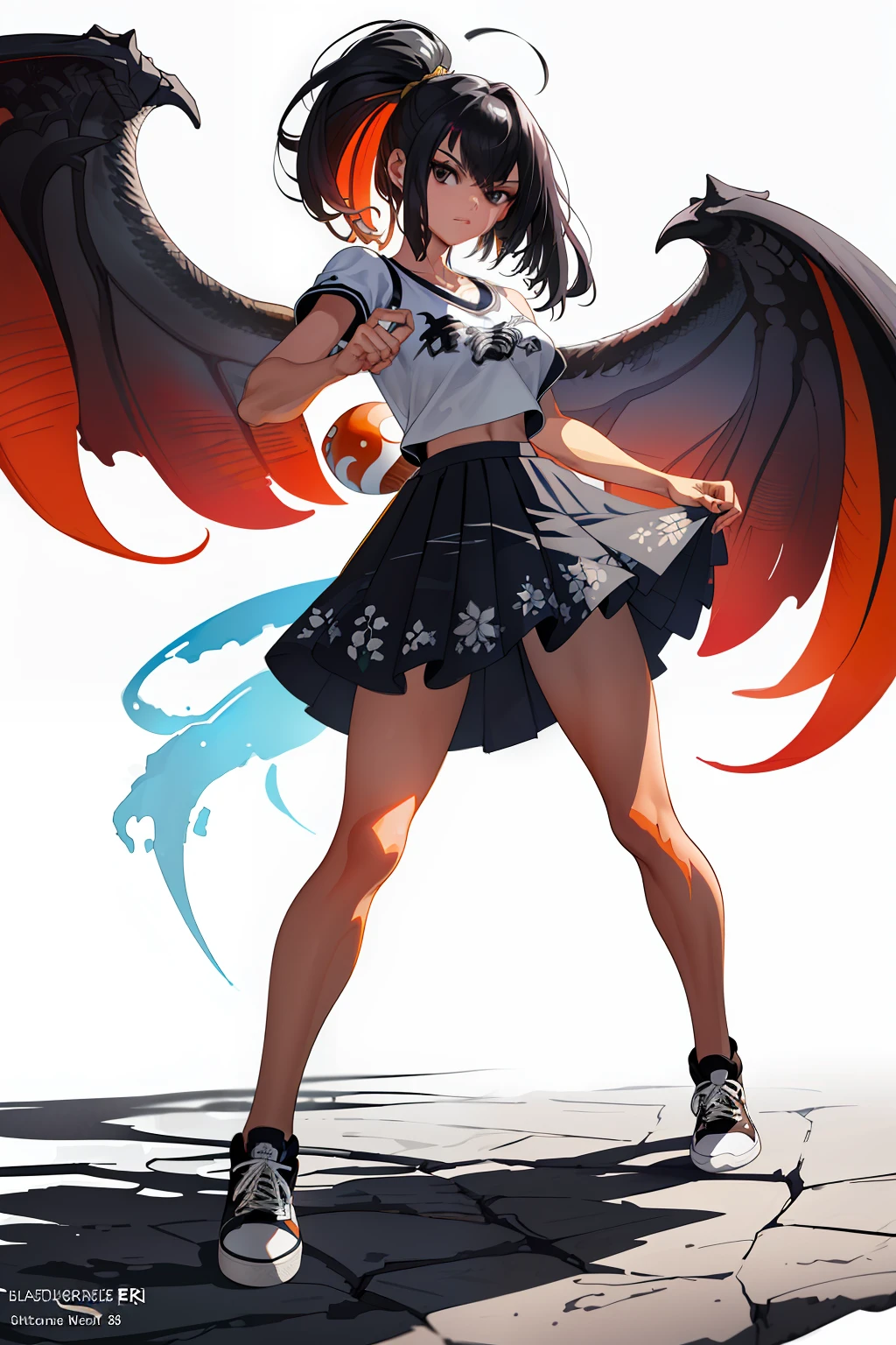 :: Joe Madureira Style:: Perfect and detailed beautiful woman and beautiful, perfect and detailed, ultra detailed anime style, clothes with tatoon drawings, in various full-body attack poses and with immersive effects, hover effect, graphite style background with vibrant colors "Ultra HDR" detailed and with focus effect,with All Star Converse Fixed Black Sneakers (masterpiece:  1.2, best quality), (finely detailed beautiful eyes: 1.2),extremely detailed, depth of field,shot with canon eos,lens 135mm f1.8,portrait of [x]( )),long, straight black hair,with a natural glow,(anime black eyes:1.4), (finely detailed eyes and detailed face:1.3),), (with ultra detailed black school skirt and fixed shape and color, white tatoom print t-shirt with fixed format Mandarin letters, ultra detailed:1.3), (beautiful and clear background:1.2), ultra-detailed, Best Shadow:1.1),("" character demonstrating his super power in the fist"")((depth of field and blur)), ((watercolor)), large breasts, bare shoulders, flowers and petals, bbela conceptual illustration , (white background:0.5), (illustration :1.1), (extremely thin and beautiful: 1.1), (perfect details: 1.1) graffiti style background, freedom, soul, digital illustration,  perfect anatomy, centered, approaching perfection, dynamic, highly detailed, watercolor painting, artstation, concept art, smooth, sharp focus, illustration,