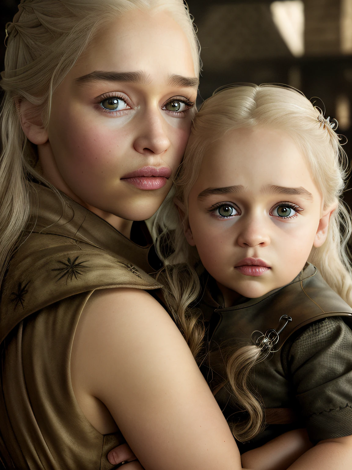 4k, hight quality, (Jon Snow) and [daenerys targaryen|Emilia Clarke] holding a 5  girl, Game of Thrones, lightroom, soft light, (natural skin texture:1.2), (hyperrealism:1.1)