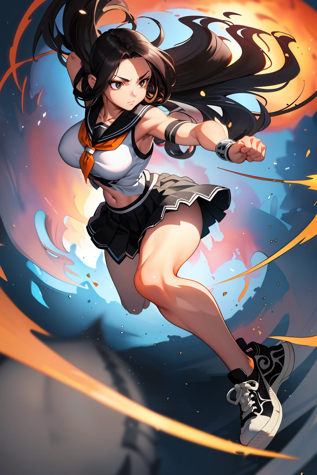 :: Joe Madureira Style:: Perfect and detailed beautiful woman and beautiful, perfect and detailed, ultra detailed anime style, clothes with tatoon drawings, in various full-body attack poses and with immersive effects, hover effect, graphite style background with vibrant colors "Ultra HDR" detailed and with focus effect,with All Star Converse Fixed Black Sneakers (masterpiece:  1.2, best quality), (finely detailed beautiful eyes: 1.2),extremely detailed, depth of field,shot with canon eos,lens 135mm f1.8,portrait of [x]( )),long, straight black hair,with a natural glow,(anime black eyes:1.4), (finely detailed eyes and detailed face:1.3),), (with ultra detailed black school skirt and fixed shape and color, white tatoom print t-shirt with fixed format Mandarin letters, ultra detailed:1.3), (beautiful and clear background:1.2), ultra-detailed, Best Shadow:1.1),("" character demonstrating his super power in the fist"")((depth of field and blur)), ((watercolor)), large breasts, bare shoulders, flowers and petals, bbela conceptual illustration , (white background:0.5), (illustration :1.1), (extremely thin and beautiful: 1.1), (perfect details: 1.1) graffiti style background, freedom, soul, digital illustration,  perfect anatomy, centered, approaching perfection, dynamic, highly detailed, watercolor painting, artstation, concept art, smooth, sharp focus, illustration,