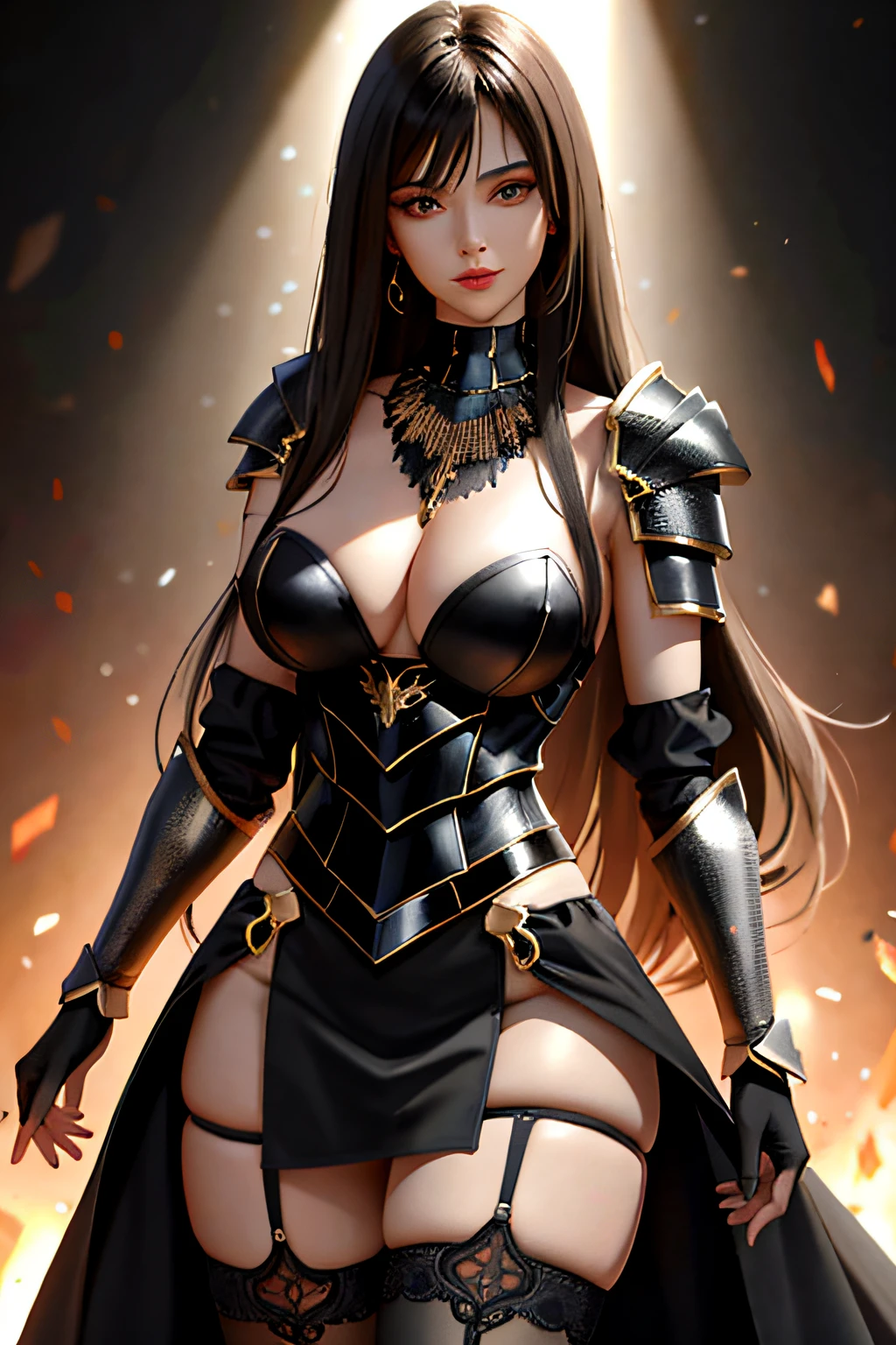 cartoon,digital art
anime, illustration, semi-realistic
Masterpiece, Top Quality, High Quality, High Definition, High Quality Textures, High Quality Shadows, High Detail, Cinematic Lights, Side Lighting, Ray Tracing, Sharp Focus,Close-up of woman with long hair and black armor, charming beautiful face, very beautiful girl, brown hair and big eyes, gorgeous eyelashes, black lace necklace on long neck, red eyes,
A gorgeous Latina face, a beautiful young girl, a cute, beautiful and gorgeous face, long hair and sharp eyes, a delicate beautiful face,
Armor that reveals the body, gold decoration on black armor, dragon pattern on armor, black armor crosses gold and black lumps, waist looks narrow, bust is large, upper chest looks cool armor design,
Mini skirt, tight stockings, stockings with a lot of reflection, stockings that see through the flesh, backlight penetrates behind the hair,