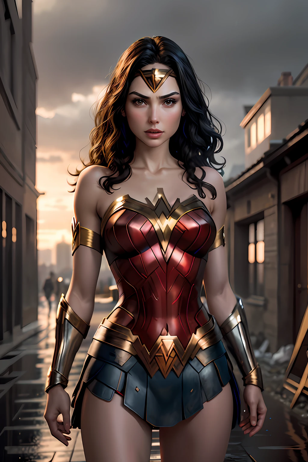 Actress Gal Gadot, wonder woman outfit, short and uncut hair, blonde, beautiful face, rain, roof, masterpiece, intricate details, perfect anatomy