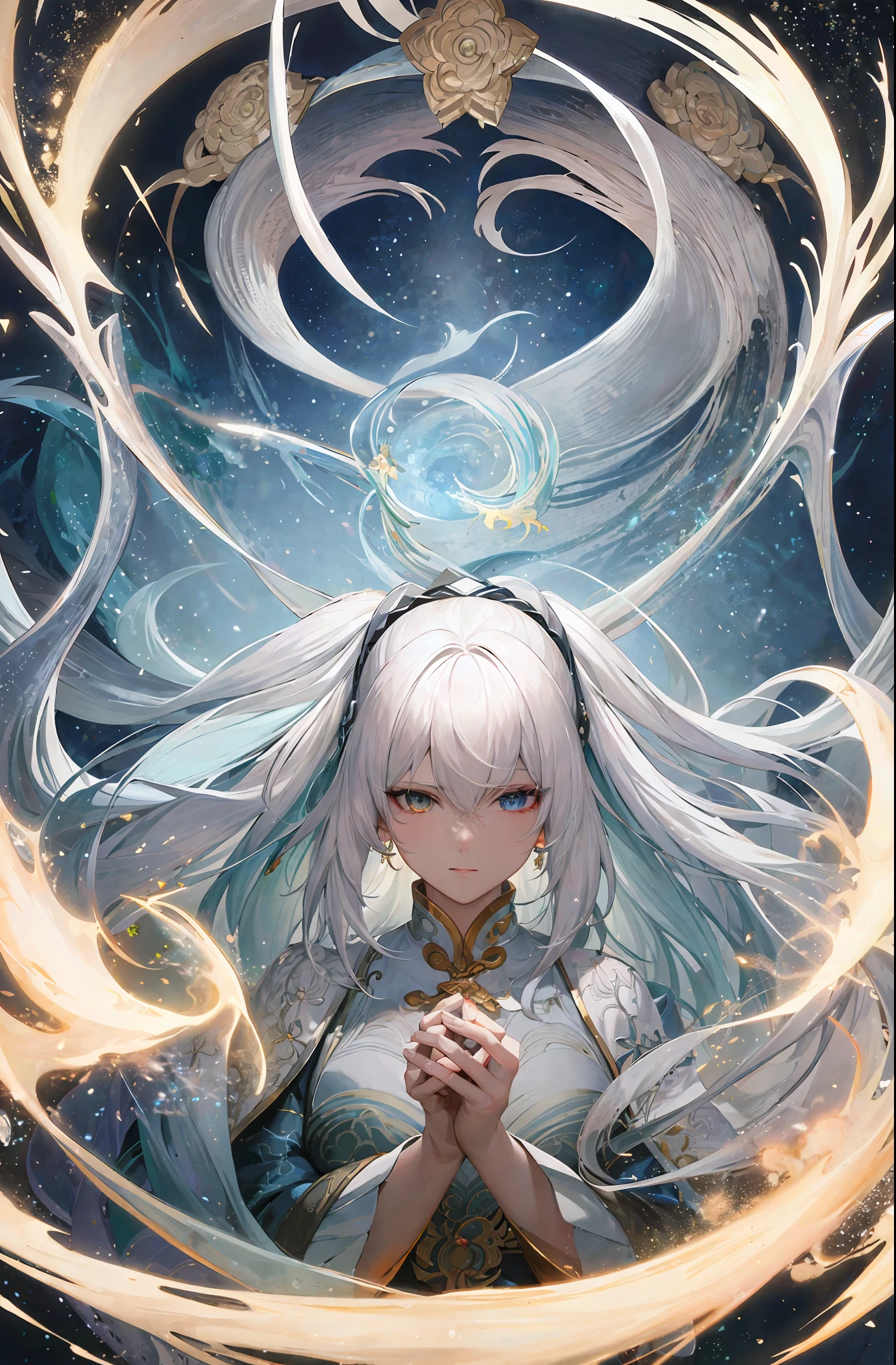 Close-up of a white-haired woman, beautiful figure painting, Guwiz, Gouviz style artwork, white-haired god, Yang J, epic exquisite character art, stunning character art, Fan Qi, Wu Zhun Shifan, Guviz in pixiv art station, upper body closeup. Large aperture