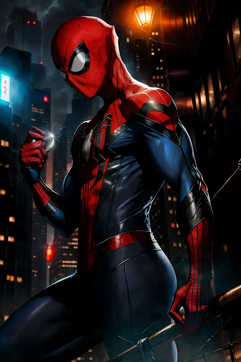 Spider-Man wears a mask and a blue and red tights, his body is straight, and the spider silk behind his back is tight. He picked up his speed and quickly slid down while slowing himself down by wrapping spider silk around steel bars. When he reached the woman's side, he instantly released the spider silk and slowly lowered the woman from a high place. Spider-Man turned to face the man in black, clenching his fists with undisguised anger on his face. He quickly counterattacked, restraining the man in black with the net gun in his hand, showing a satisfied and confident smile.
(Winning Digital Artwork: 1.3) of (Sketch: 1.3), (Vibrant: 1.3) Spidey, Emma Rob, CGSociety, ArtStation, (Saturation: 1.3), (Close Portrait: 1.3), (Beauty: 1.4), (Glamour: 1.3), Handsome, Calendar Pose, Perfect Detailed Eyes, Studio Lighting, Theme Background