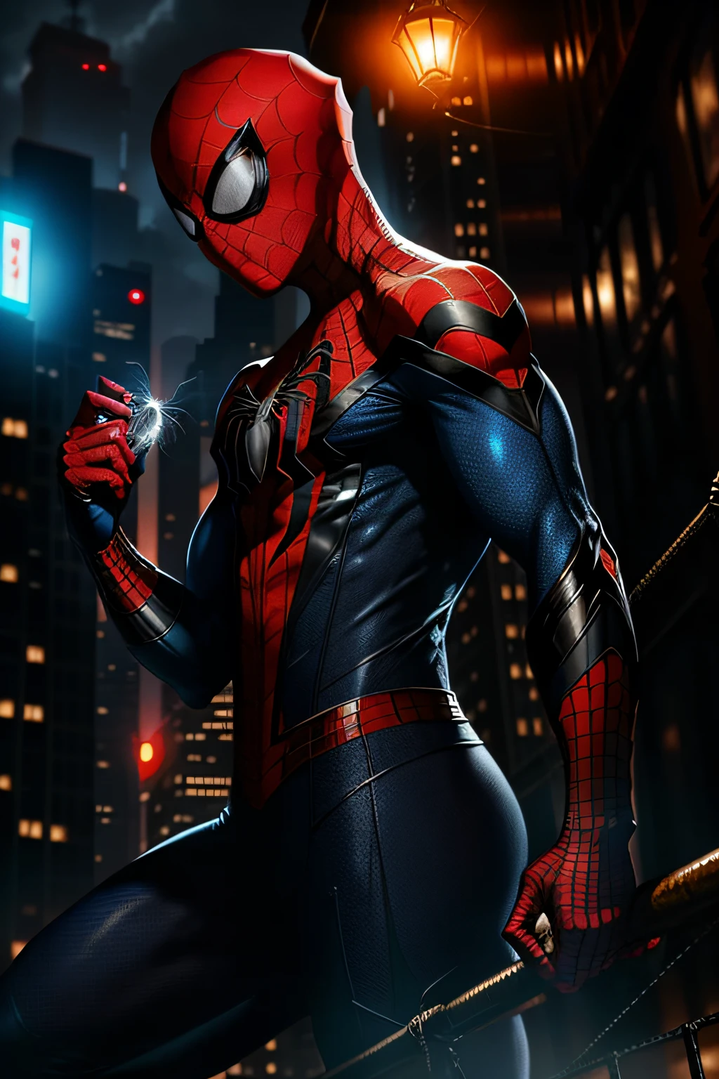 Spider-Man wears a mask and a blue and red tights, his body is straight, and the spider silk behind his back is tight. He picked up his speed and quickly slid down while slowing himself down by wrapping spider silk around steel bars. When he reached the woman's side, he instantly released the spider silk and slowly lowered the woman from a high place. Spider-Man turned to face the man in black, clenching his fists with undisguised anger on his face. He quickly counterattacked, restraining the man in black with the net gun in his hand, showing a satisfied and confident smile.
(Winning Digital Artwork: 1.3) of (Sketch: 1.3), (Vibrant: 1.3) Spidey, Emma Rob, CGSociety, ArtStation, (Saturation: 1.3), (Close Portrait: 1.3), (Beauty: 1.4), (Glamour: 1.3), Handsome, Calendar Pose, Perfect Detailed Eyes, Studio Lighting, Theme Background