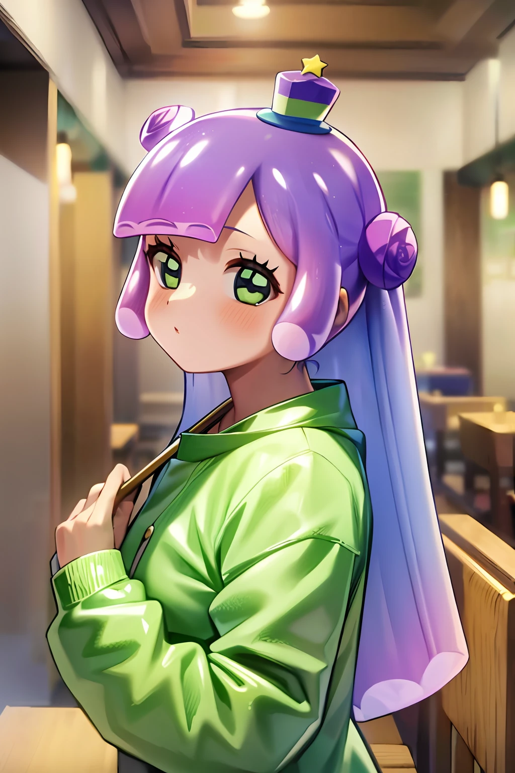 masterpiece, best_quality, 1girl, solo, puniru \(puniru wa kawaii slime\), puniru wa kawaii slime, gradient hair, bangs, green eyes,((double bun)), in a restaurant