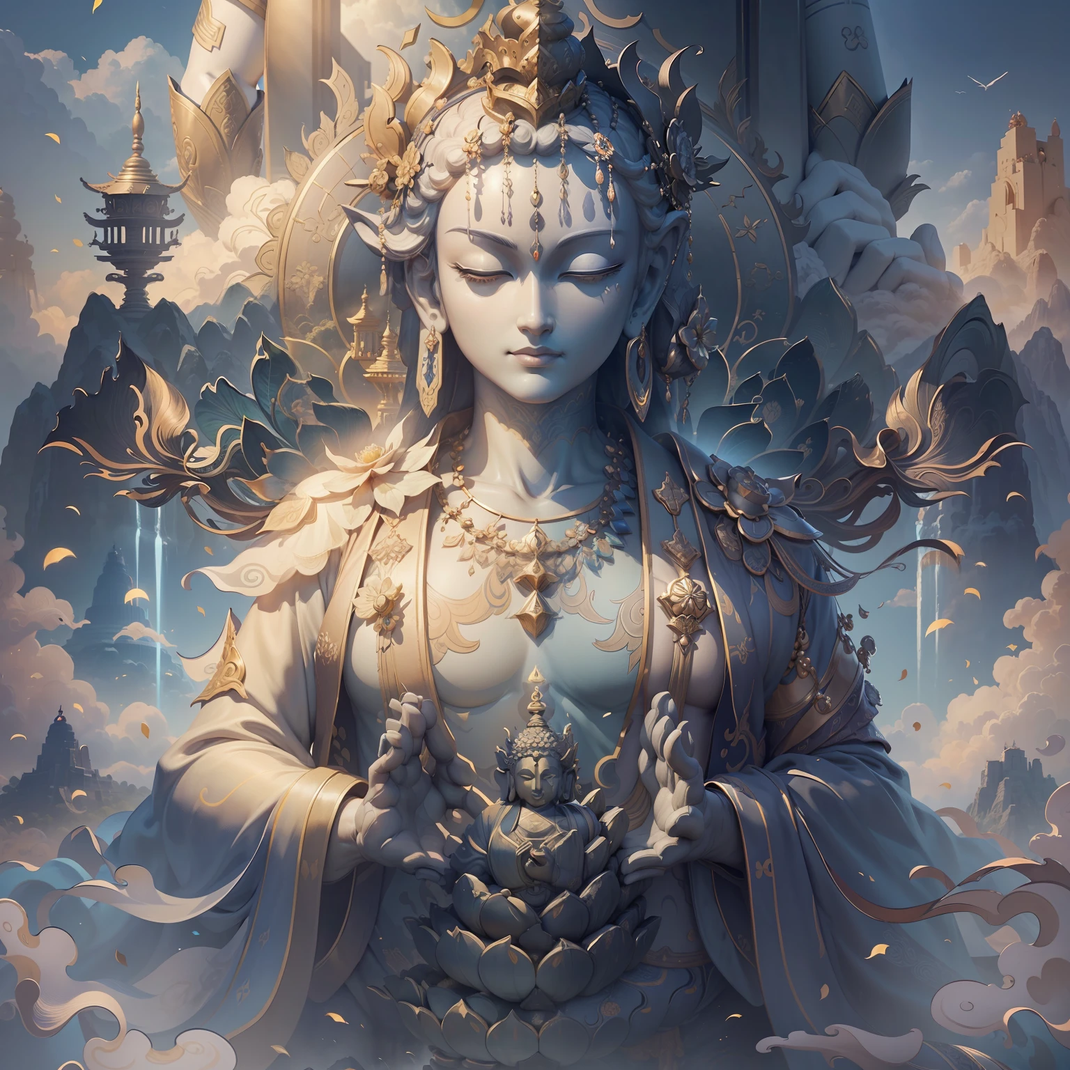 (masterpiece), a very detailed CG unity 8k wallpaper, with the big Buddha statue as the main body, high-quality nonsense, and the panorama presents the feeling of the macro world. Bright sunlight shines on the face of the statue, carving rich details and textures, so realistic that you can't help but want to touch it yourself. --auto --s2