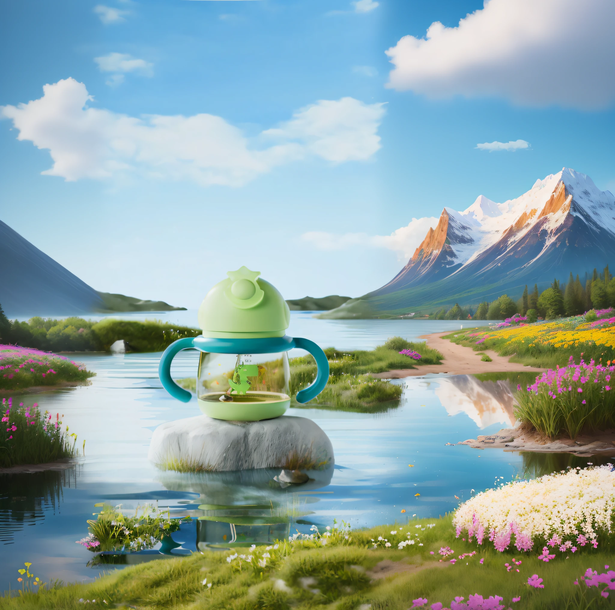 Ultra-real, realistic, ultra-high resolution, 16K, landscape, flowers and plants, lakes, blue sky and white clouds, mountains