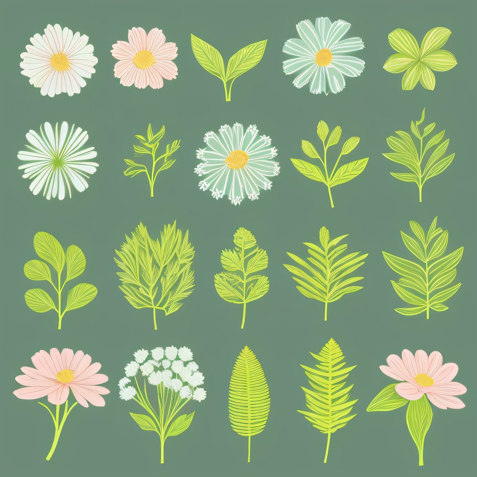 Small flowers with leaves and plants, label style, flat style, vector style, drawing style, naïve style. Design in very soft pastel colors such as old pink, pastel green, light blue, pastel blue, beige, light yellow.