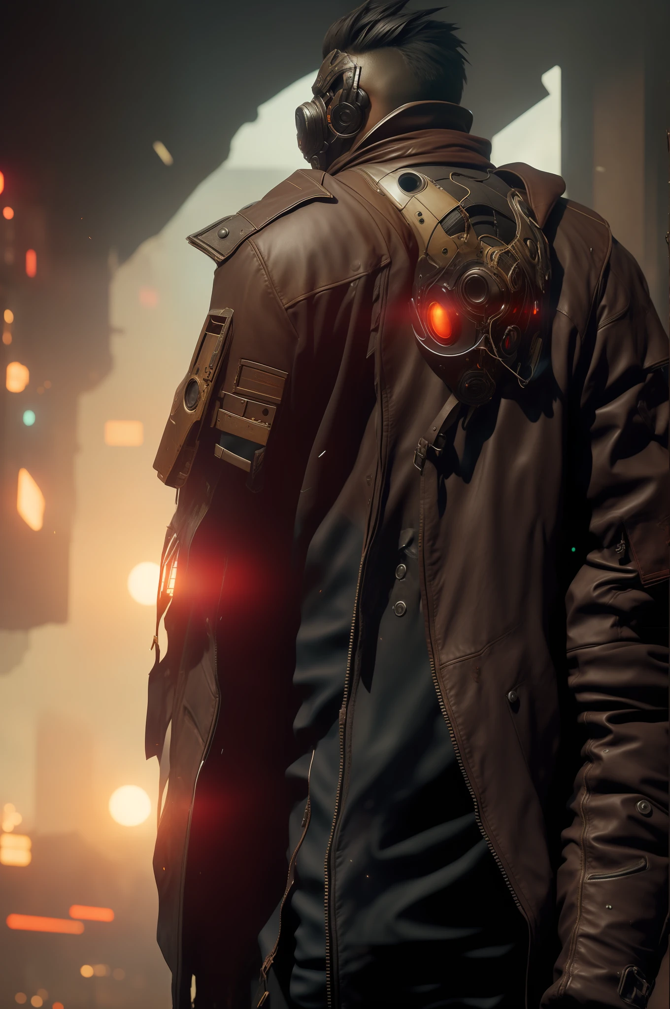 there is a man mask and a leather jacket, back facing camera, from behind, full body, corvo attano, wojtek fus, cyberpunk horror style, craig mullins style, octane trending on cgsociety, dark cyberpunk illustration, unreal engine character art, cyberpunk character art, cyberpunk character, dystopian sci-fi character, cyberpunk character design, photorealistic dark concept art, octane. trending on artstation