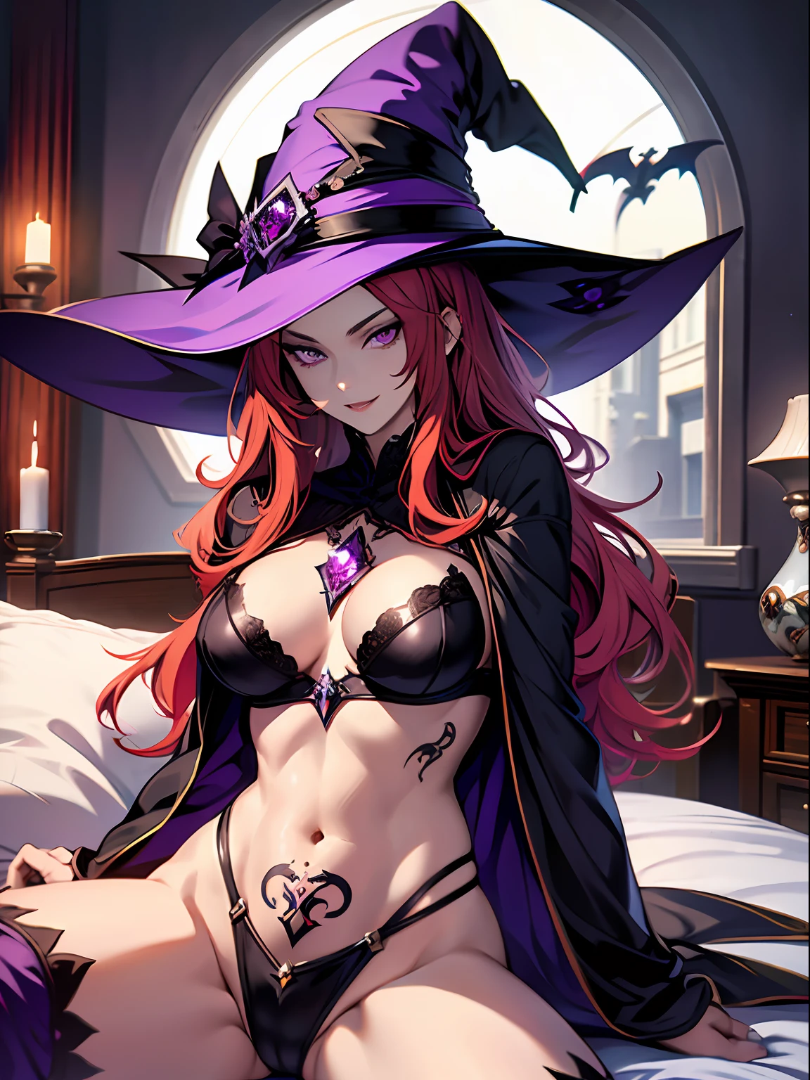 witch, witch hat, long red hair, tattooed arms, purple eyes, vampire teeth, lying on a bed, sensual position, short clothes, best quality, good anatomy, detailed face, 4k, masterpiece, detailed eyes
