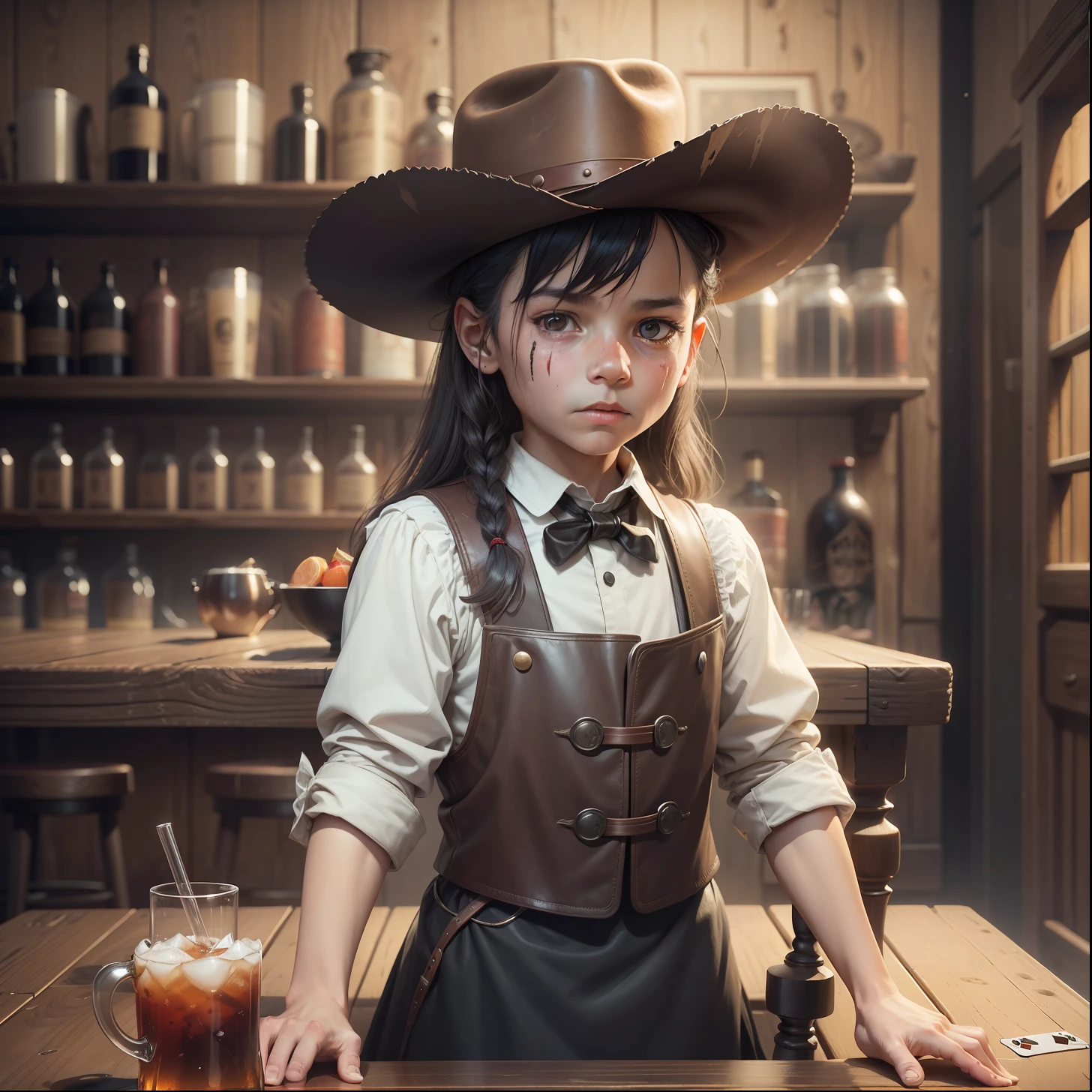  waiter serving drink in a saloon in the old west,leather hat,standing,drink on tray,piano,revolver,fruits on the table,playing cards,bruised face,dust,wild west,artwork,3D,4K,detailed,realistic