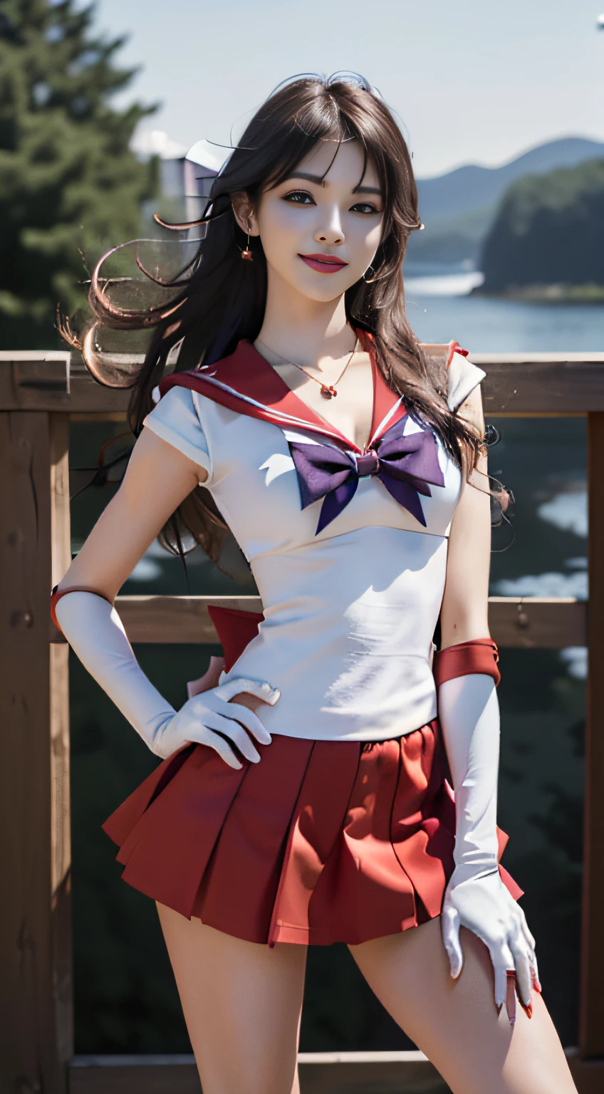 ((HD Realistic, SAMA1 Level)), Extreme Realistic, Masterpiece, Best Quality, High Resolution, SAMA1, Headwear, Sailor Sensi Uniform with Medium Chest, White Gloves, Red Sailor Collar, Red Skirt, Star Necklace, Elbow Gloves, Pleated Skirt, Bare Legs, Purple Bow, Standing, Space, Moon, Charming Smile, Stunning Beauty, Full Body Photo