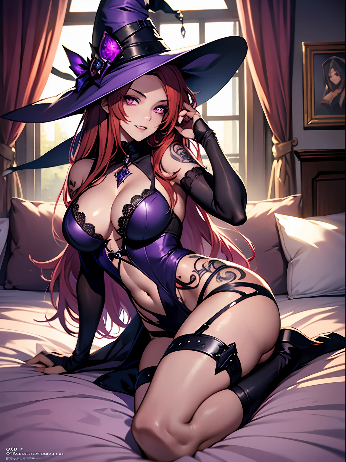 witch, witch hat, long red hair, tattooed arms, purple eyes, vampire teeth, lying on a bed, sensual position, short clothes, best quality, good anatomy, detailed face, 4k, masterpiece, detailed eyes