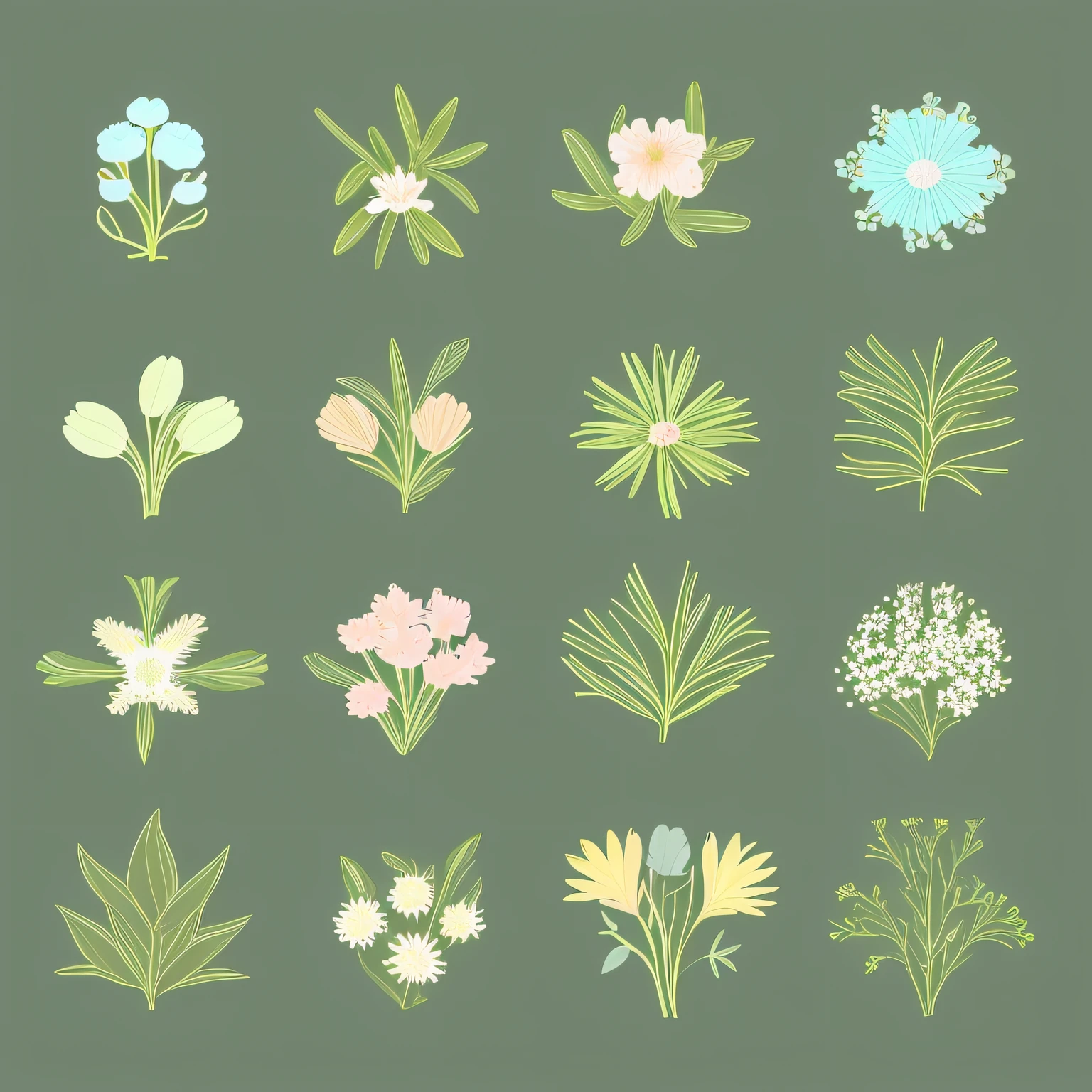 Small flowers with leaves and plants, label style, flat style, vector style, drawing style, naïve style. Design in very soft pastel colors such as old pink, pastel green, light blue, pastel blue, beige, light yellow.