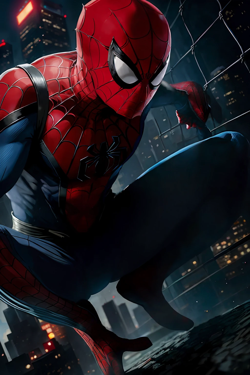 Spider-Man wears a mask, wearing a blue and red tights, his body is straight, and his hands shoot spider silk into the distance, Spider-Man turns to face the man in black, clenches his fists, and has undisguised anger on his face. He quickly counterattacked, restraining the man in black with the net gun in his hand, showing a satisfied and confident smile. (Winning Digital Artwork: 1.3) of (Sketch: 1.3), (Vibrant: 1.3) Spidey, Emma Rob, CGSociety, ArtStation, (Saturation: 1.3), (Close Portrait: 1.3), (Beauty: 1.4), (Glamour: 1.3), Handsome, Calendar Pose, Perfect Detailed Eyes, Studio Lighting, Theme Background