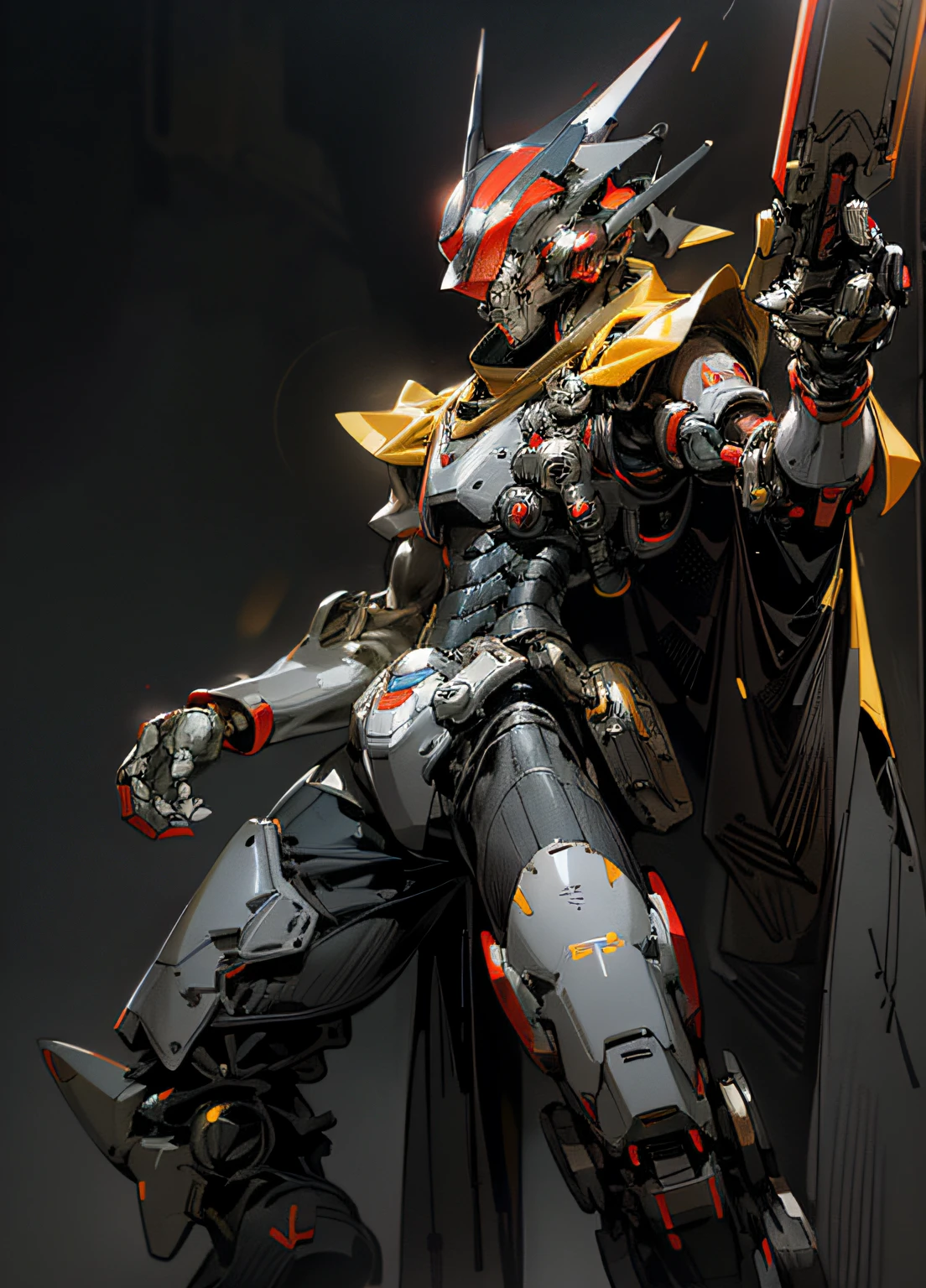 Dark_Fantasy, cyberpunk, (protoman from Megaman, red and gray armor, fluttering yellow cape, helmet, : 1.1), 1man, mechanical wonder, robotic presence, cybernetic guardian, booster, hyper realistic, high contrast, 8k rendering, masterpiece, ptofissional photography, expressive pose