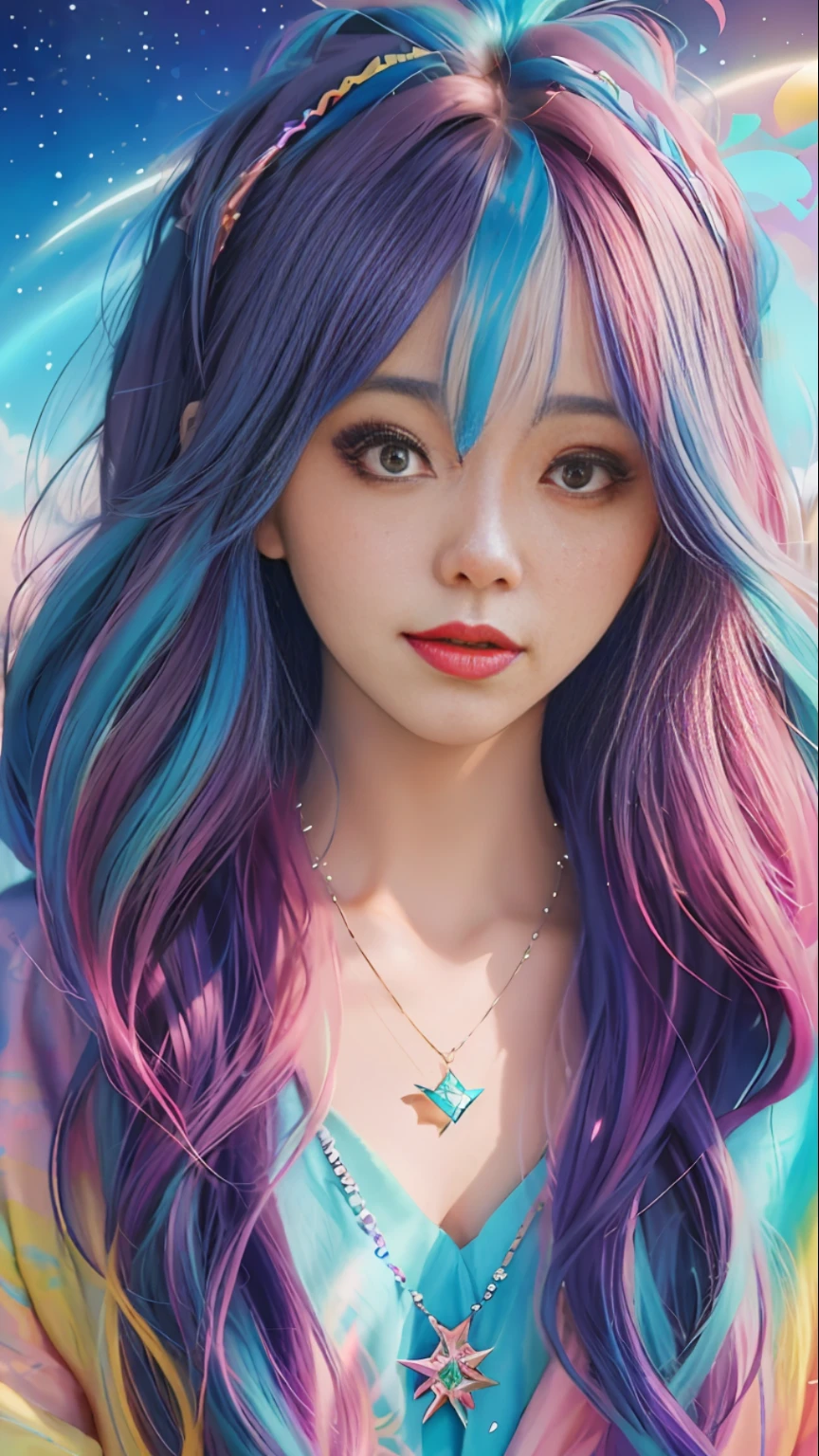 a close up of a woman with colorful hair and a necklace, anime girl with cosmic hair, rossdraws pastel vibrant, artwork in the style of guweiz, fantasy art style, colorful]”, vibrant fantasy style, rossdraws cartoon vibrant, cosmic and colorful, guweiz, colorfull digital fantasy art, stunning art style, beautiful anime style