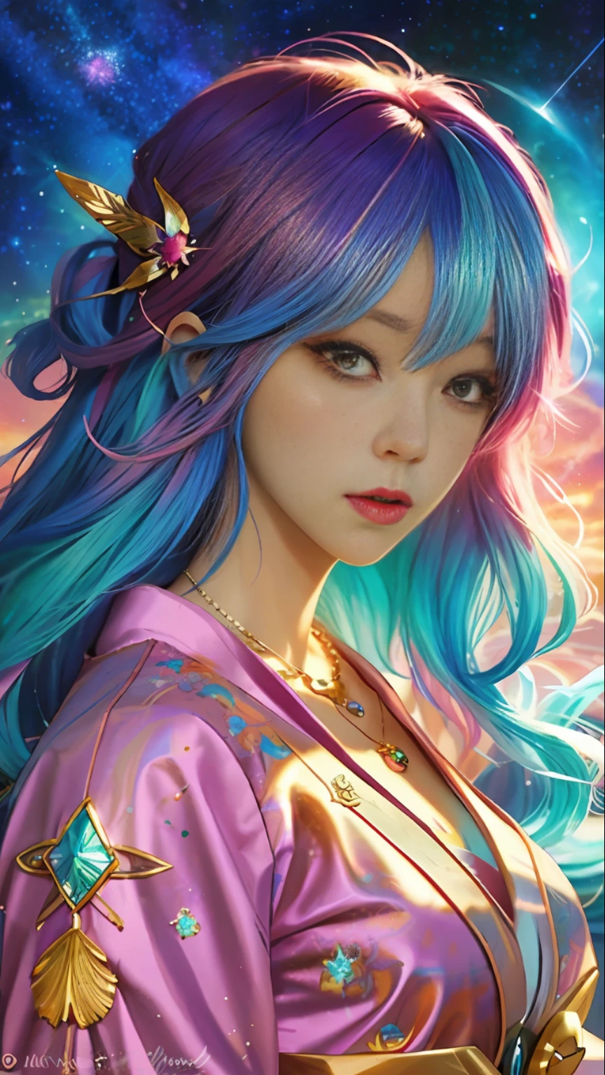 a close up of a woman with colorful hair and a necklace, anime girl with cosmic hair, rossdraws pastel vibrant, artwork in the style of guweiz, fantasy art style, colorful]”, vibrant fantasy style, rossdraws cartoon vibrant, cosmic and colorful, guweiz, colorfull digital fantasy art, stunning art style, beautiful anime style