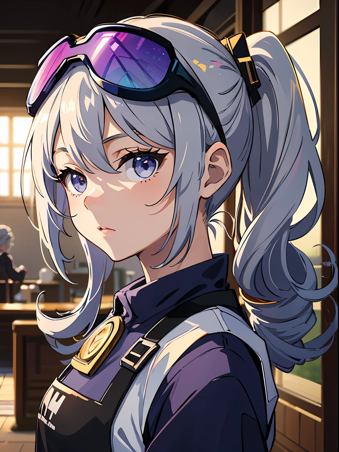 Exquisite masterpiece, the best quality, realistic painting, an anime girl with a curly ponytail, petite figure, coffee clerk, black apron, small, heartwarming, youthful and beautiful, with blue-violet gradient ski goggles, gray hair, presents a natural casual style. The dynamic posture contains the golden section, large aperture portrait, white space, strong contrast between light and shadow, super texture, super clear and concise picture, presenting extremely beautiful, elegant and dignified, shopping, exquisite facial expressions