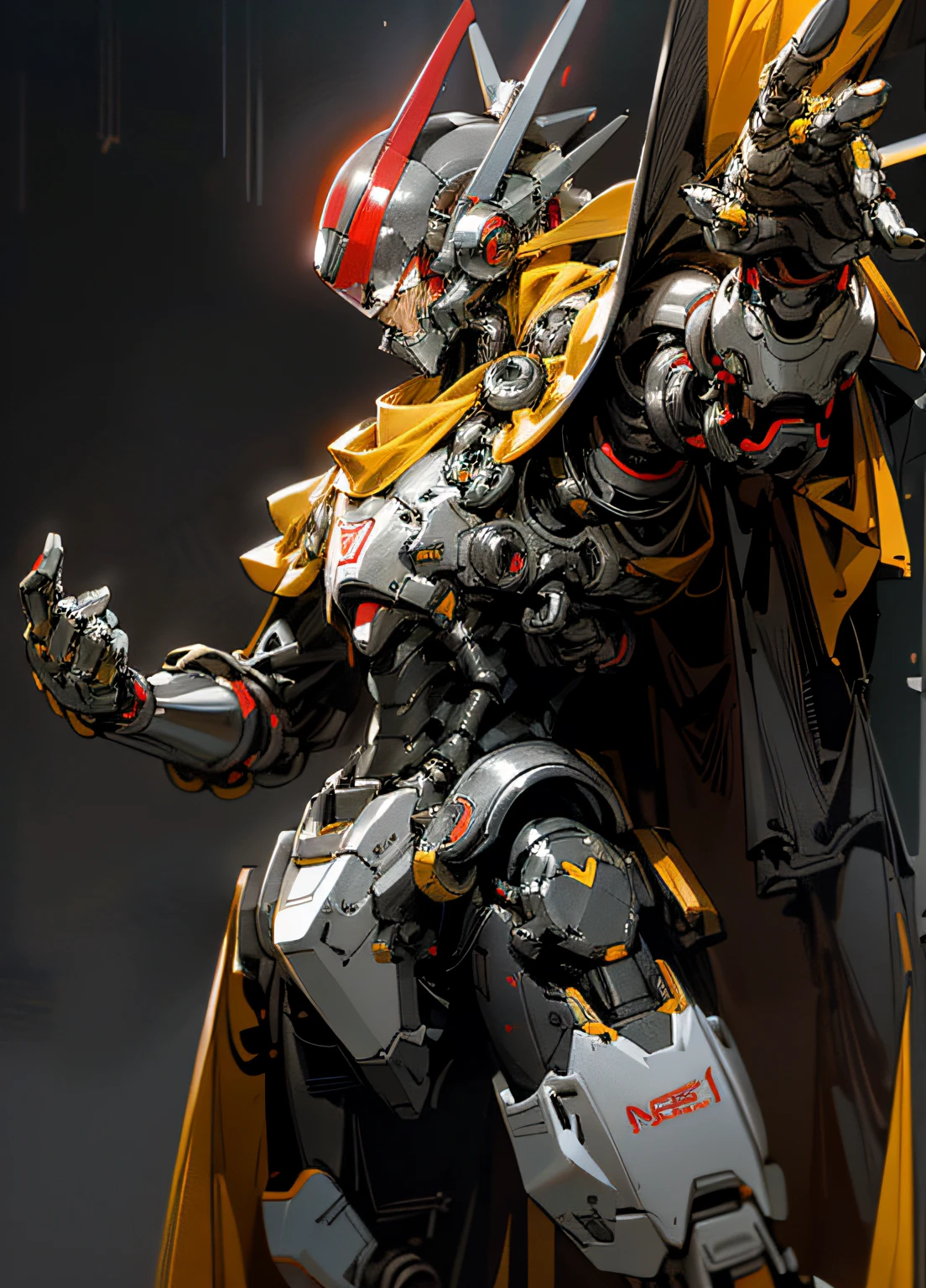 Dark_Fantasy, cyberpunk, (protoman from Megaman, red and gray armor, fluttering yellow cape, helmet, : 1.1), 1man, mechanical wonder, robotic presence, cybernetic guardian, booster, hyper realistic, high contrast, 8k rendering, masterpiece, ptofissional photography, expressive pose