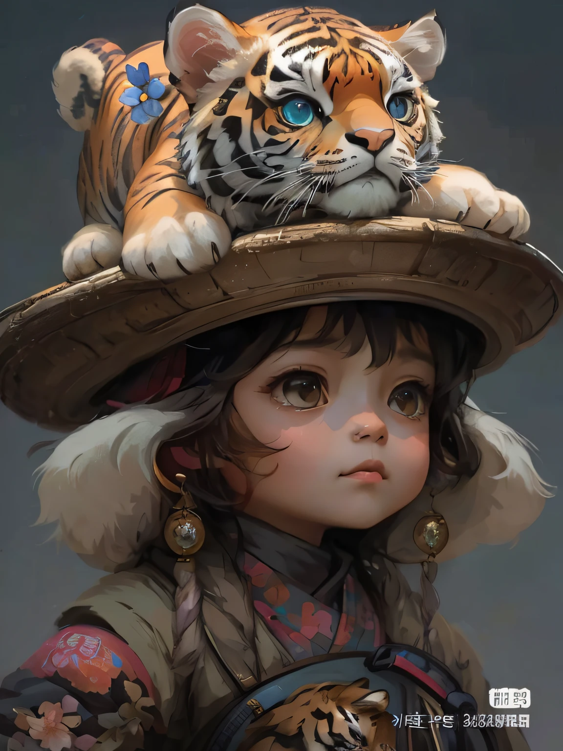there is a little girl with a tiger on her head, adorable digital painting, artwork in the style of guweiz, beautiful character painting, cute detailed digital art, by Li Song, childrens art in artstation, detailed painting 4 k, by Zeng Jing, digital painting highly detailed, guweiz, by Yu Zhiding, cute detailed artwork