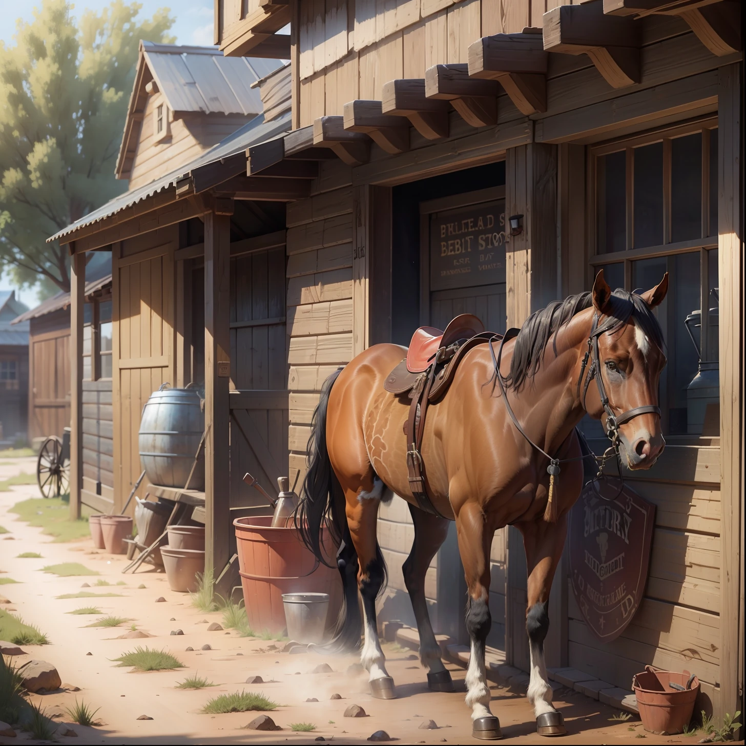 tabby horse stuck in front of a saloon in the old west,bard,stirrup,saddle,braided mane,muddy ground,sunny day,dirt street,dust,water barrel,wild west,artwork,3d,4k,detailed,realistic