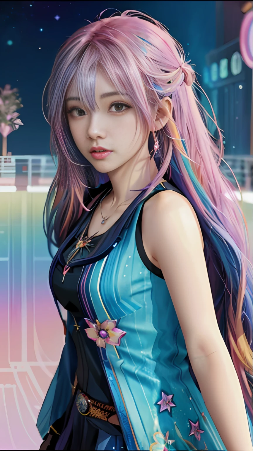 a close up of a woman with colorful hair and a necklace, anime girl with cosmic hair, rossdraws pastel vibrant, artwork in the style of guweiz, fantasy art style, colorful]”, vibrant fantasy style, rossdraws cartoon vibrant, cosmic and colorful, guweiz, colorfull digital fantasy art, stunning art style, beautiful anime style